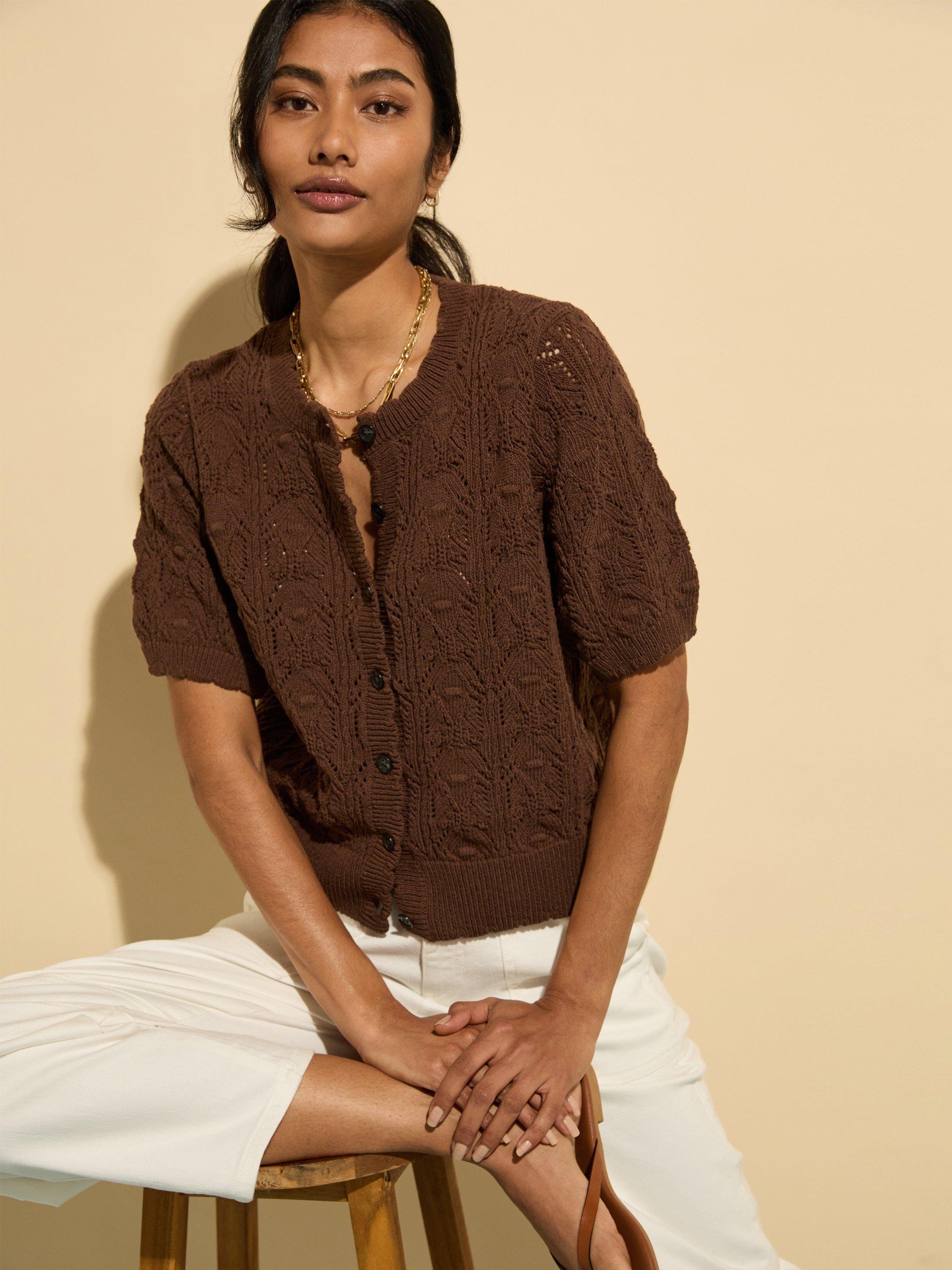 Product image 1 of 6, which shows Baukjen Celestia Scalloped Ecotec® Crochet Cardigan, Chocolate, 6