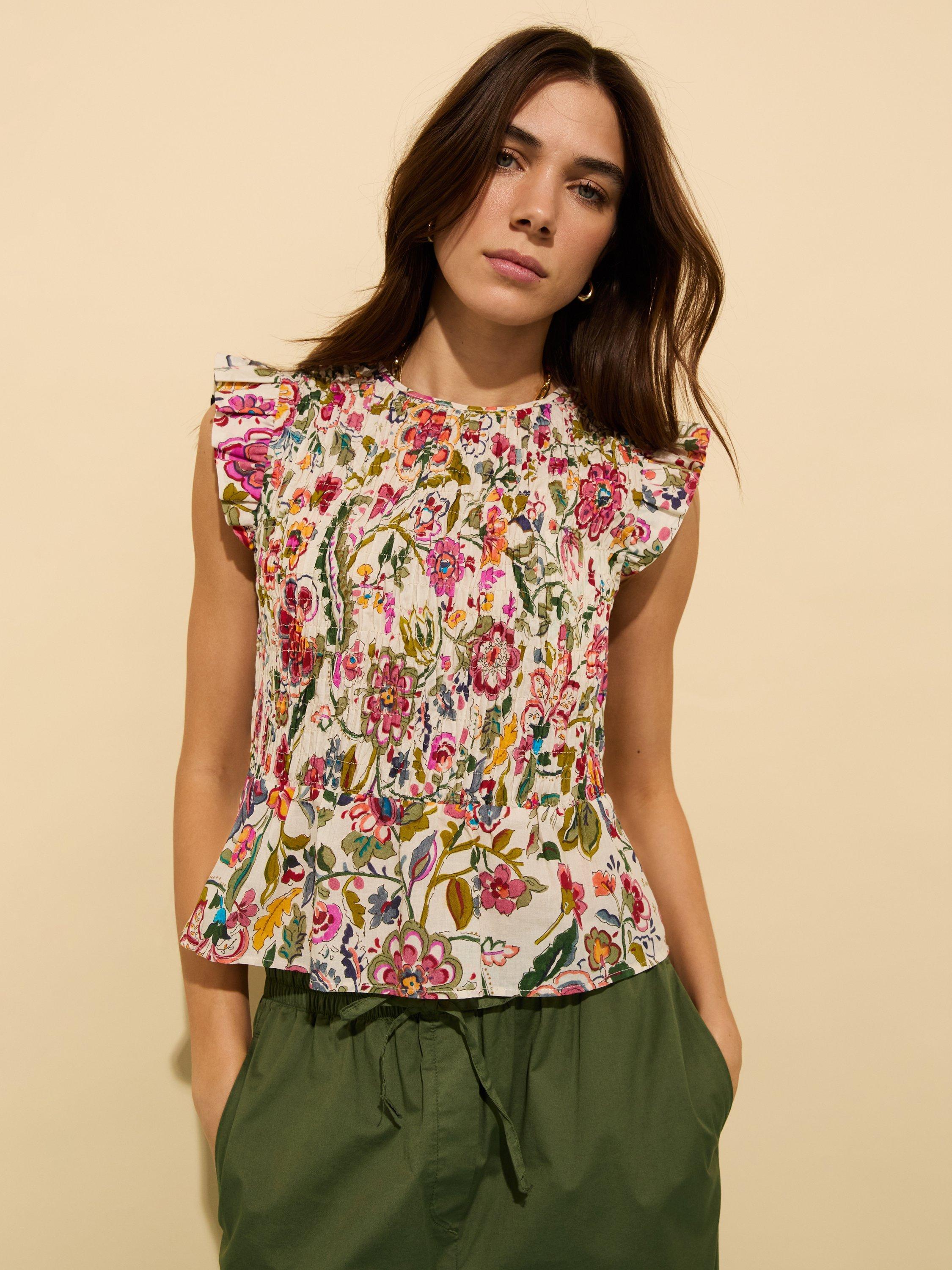 Product image 2 of 4, which shows Baukjen Mariah Floral Smocked Organic Cotton Blouse, Pink/Multi, 16