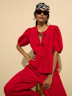 Baukjen Marylinn Puffed Sleeve Linen Tie Detail Blouse, Crimson Red