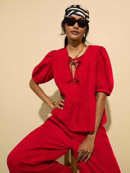 Baukjen Marylinn Puffed Sleeve Linen Tie Detail Blouse, Crimson Red