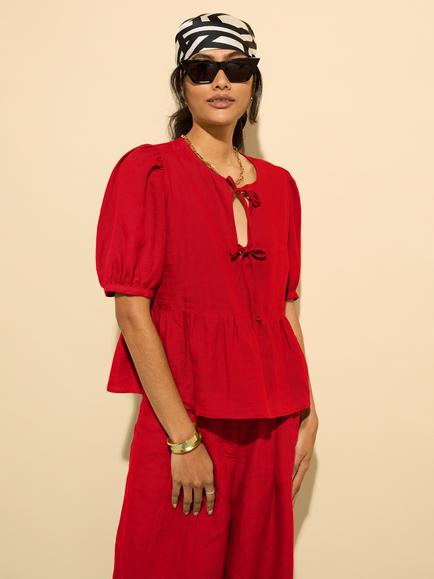 Baukjen Marylinn Puffed Sleeve Linen Tie Detail Blouse - view 2, Crimson Red