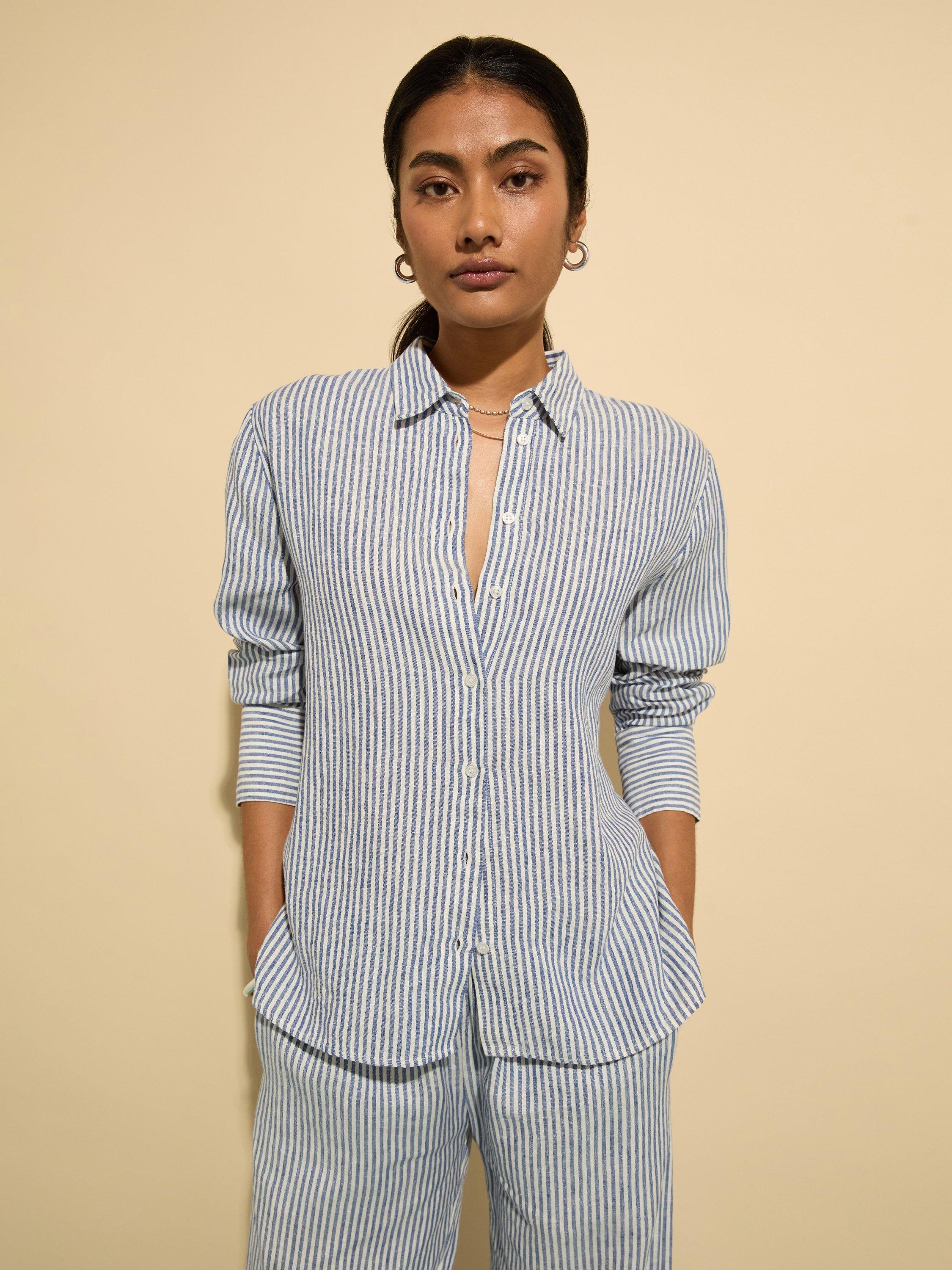 Product image 1 of 6, which shows Baukjen Muriel Long Sleeve Collared Linen Shirt, Indigo/Multi, 10
