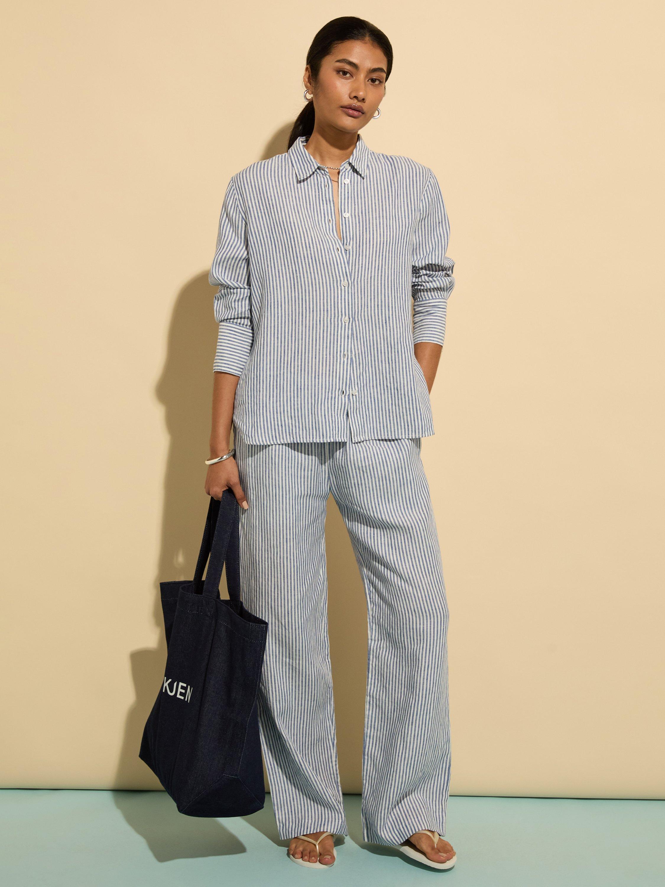 Product image 3 of 6, which shows Baukjen Muriel Long Sleeve Collared Linen Shirt, Indigo/Multi, 10
