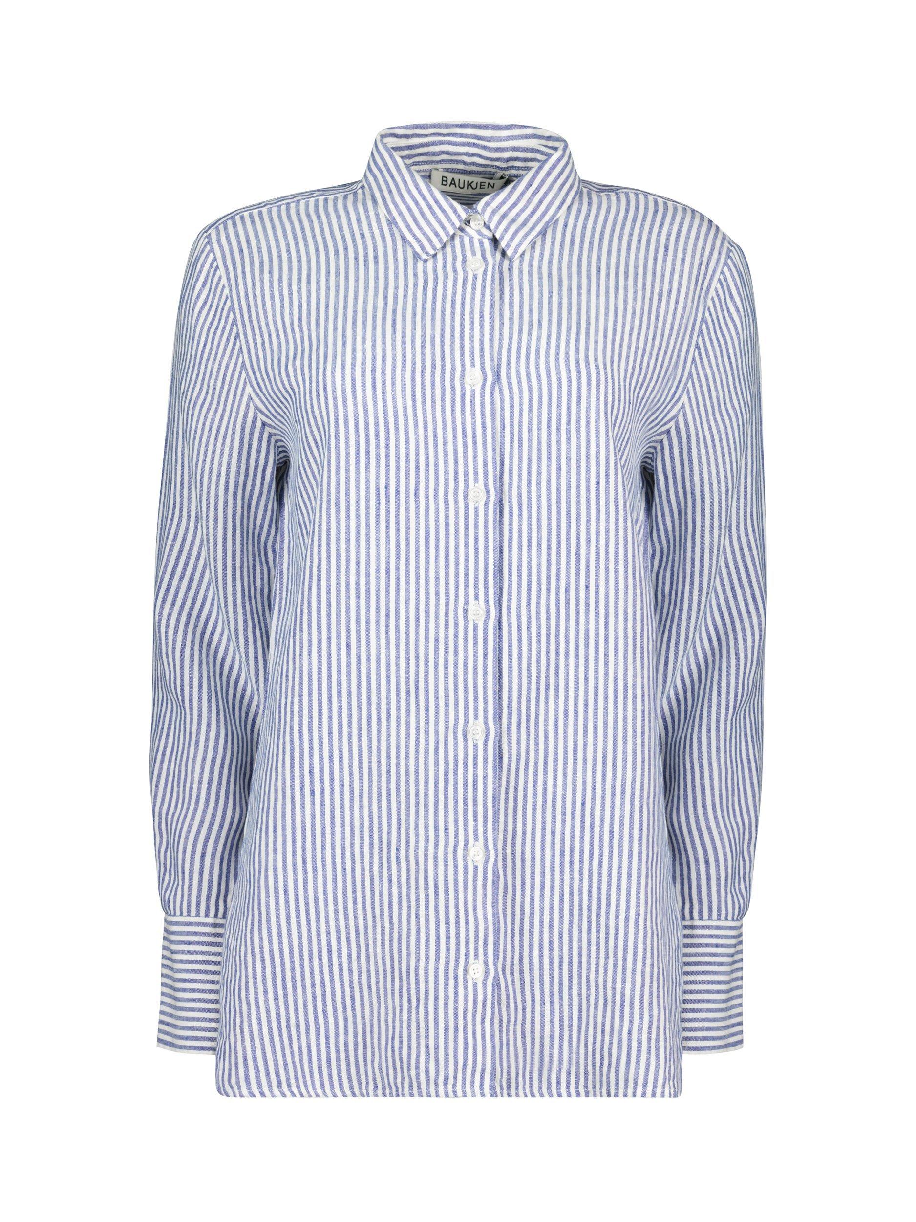 Product image 4 of 6, which shows Baukjen Muriel Long Sleeve Collared Linen Shirt, Indigo/Multi, 10