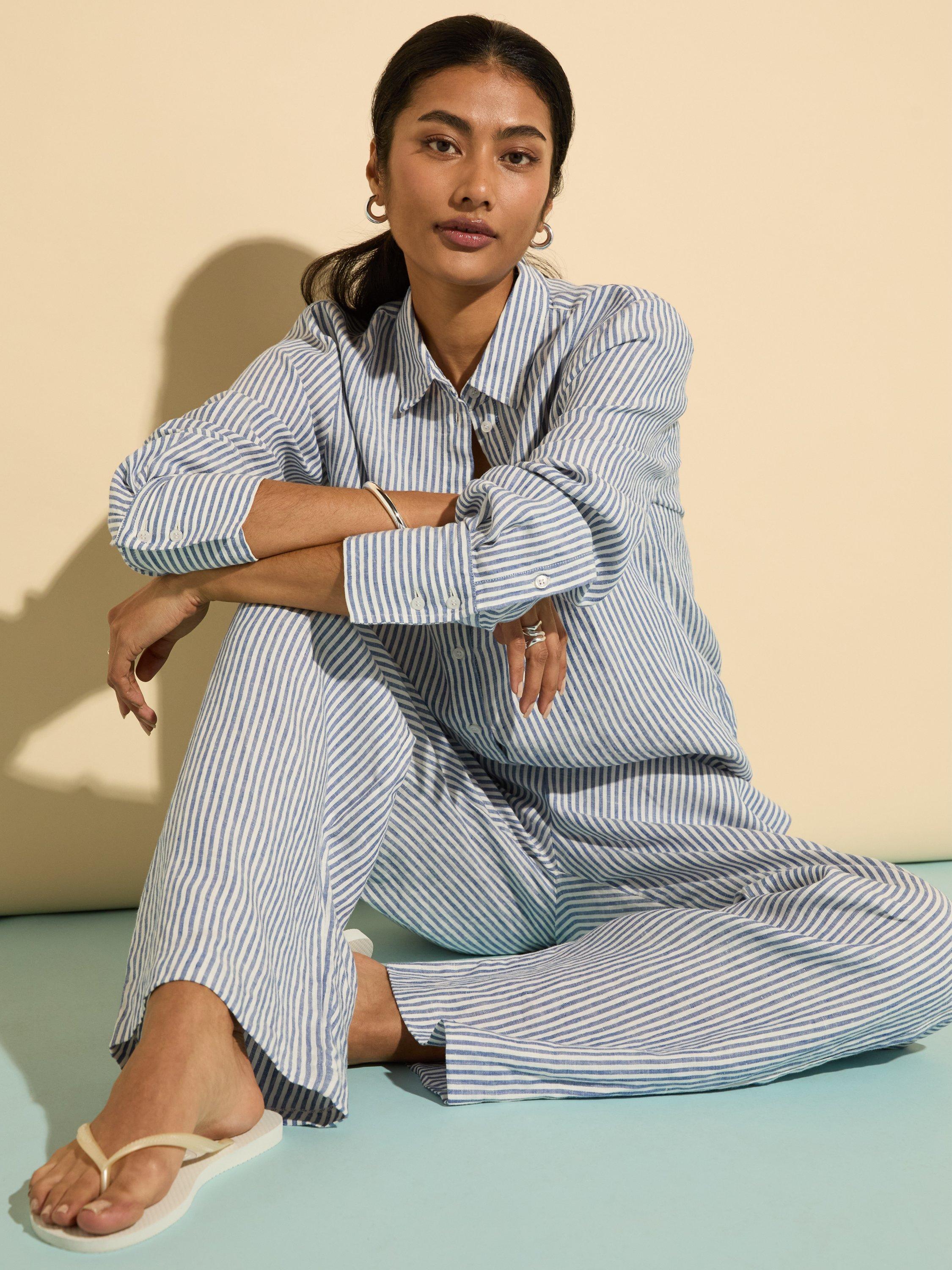 Product image 6 of 6, which shows Baukjen Muriel Long Sleeve Collared Linen Shirt, Indigo/Multi, 10