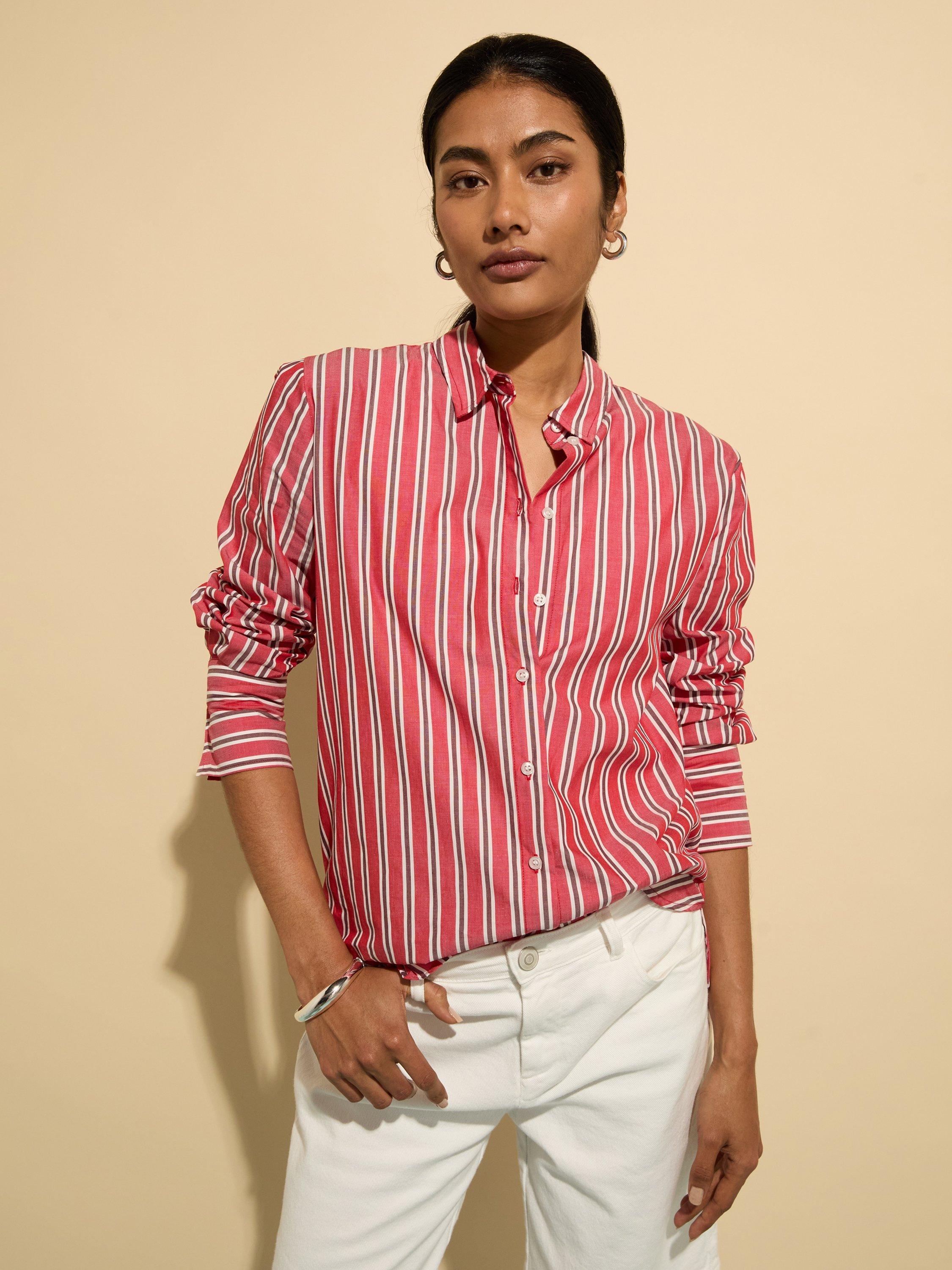 Product image 1 of 3, which shows Baukjen Rishma Classic Organic Cotton Long Sleeve Stripe Shirt, Crimson/Garnet, 10