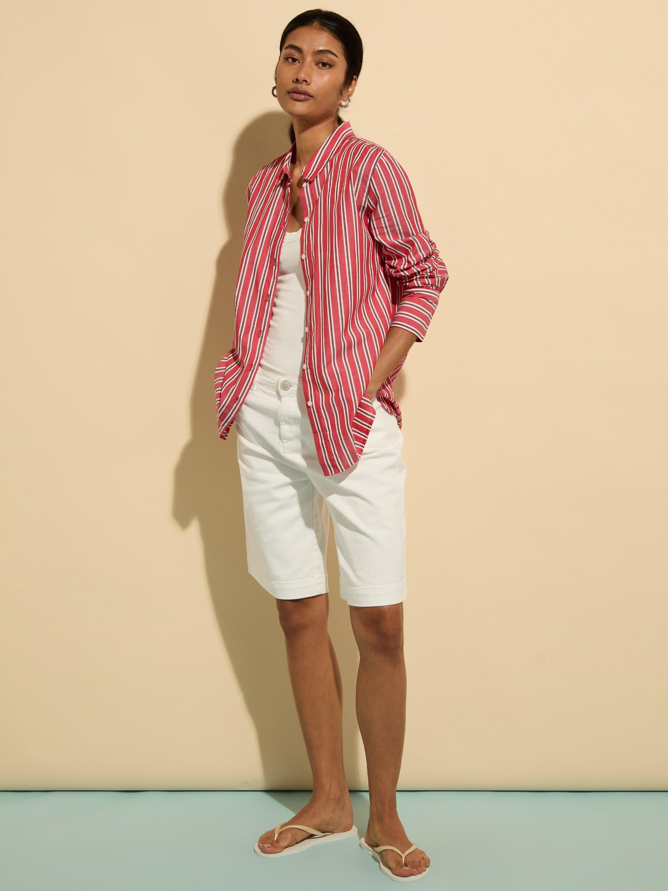 Product image 2 of 3, which shows Baukjen Rishma Classic Organic Cotton Long Sleeve Stripe Shirt, Crimson/Garnet, 10