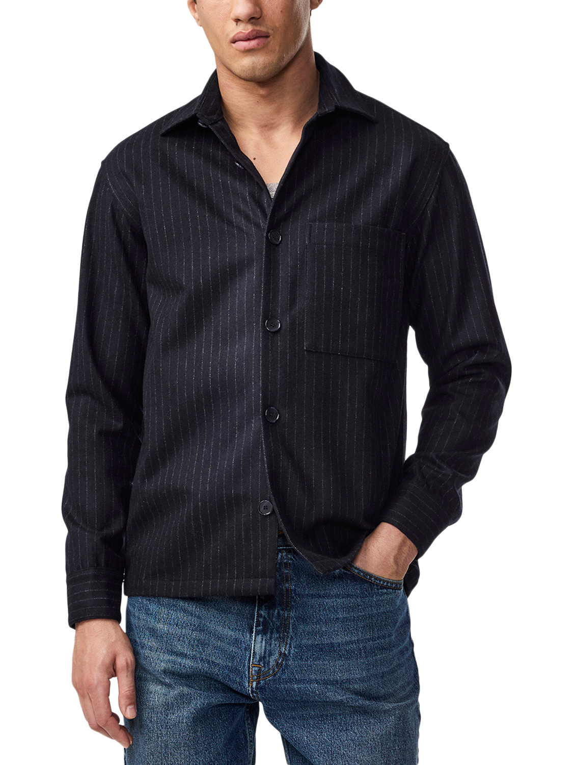 Product image 1 of 2, which shows NN.07 Freddy Wool Blend Twill Shirt, Navy Stripe, S