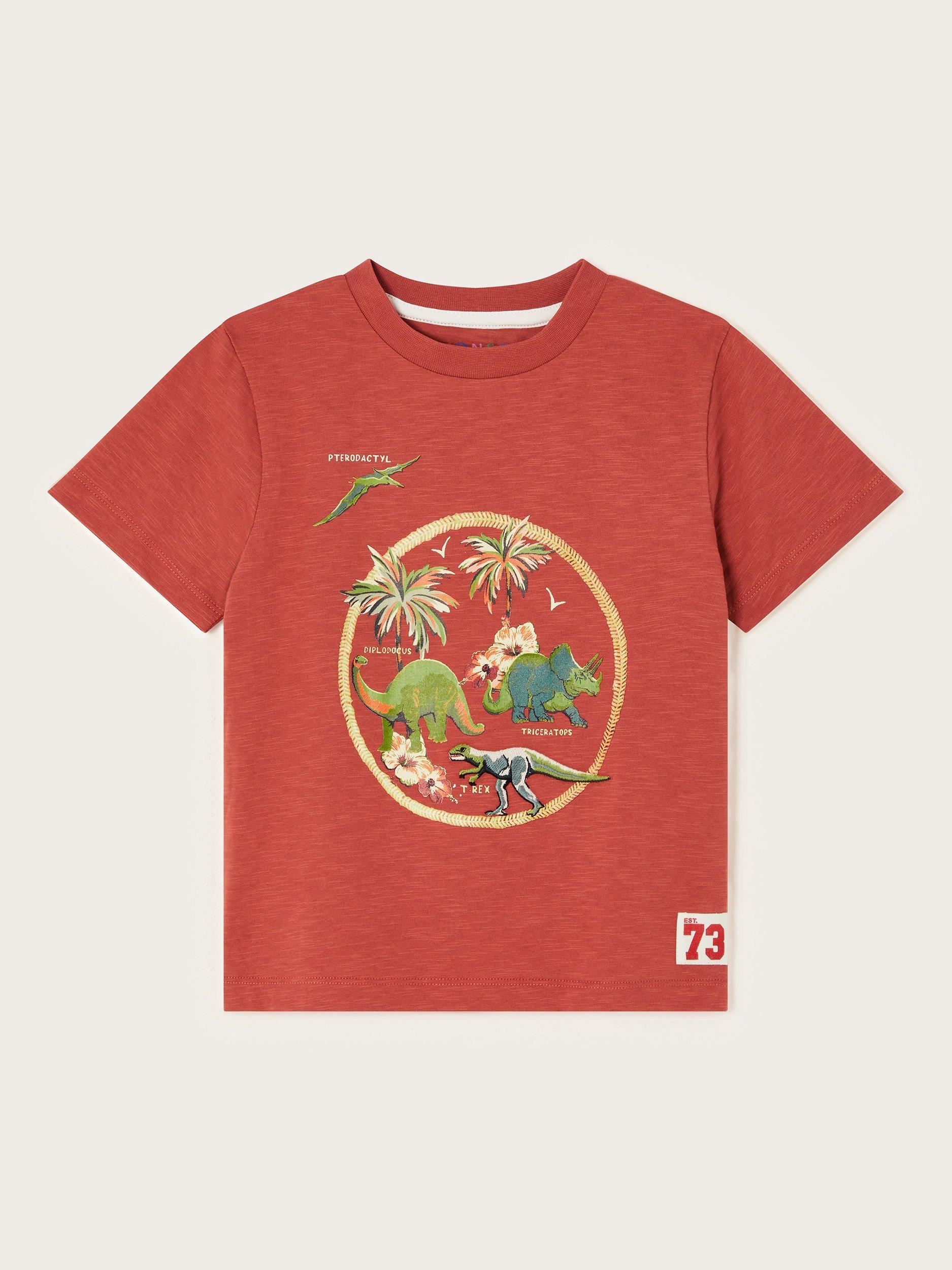 Product image 1 of 3, which shows Monsoon Kids' Dinosaur T-Shirt, Red, 12-18 months