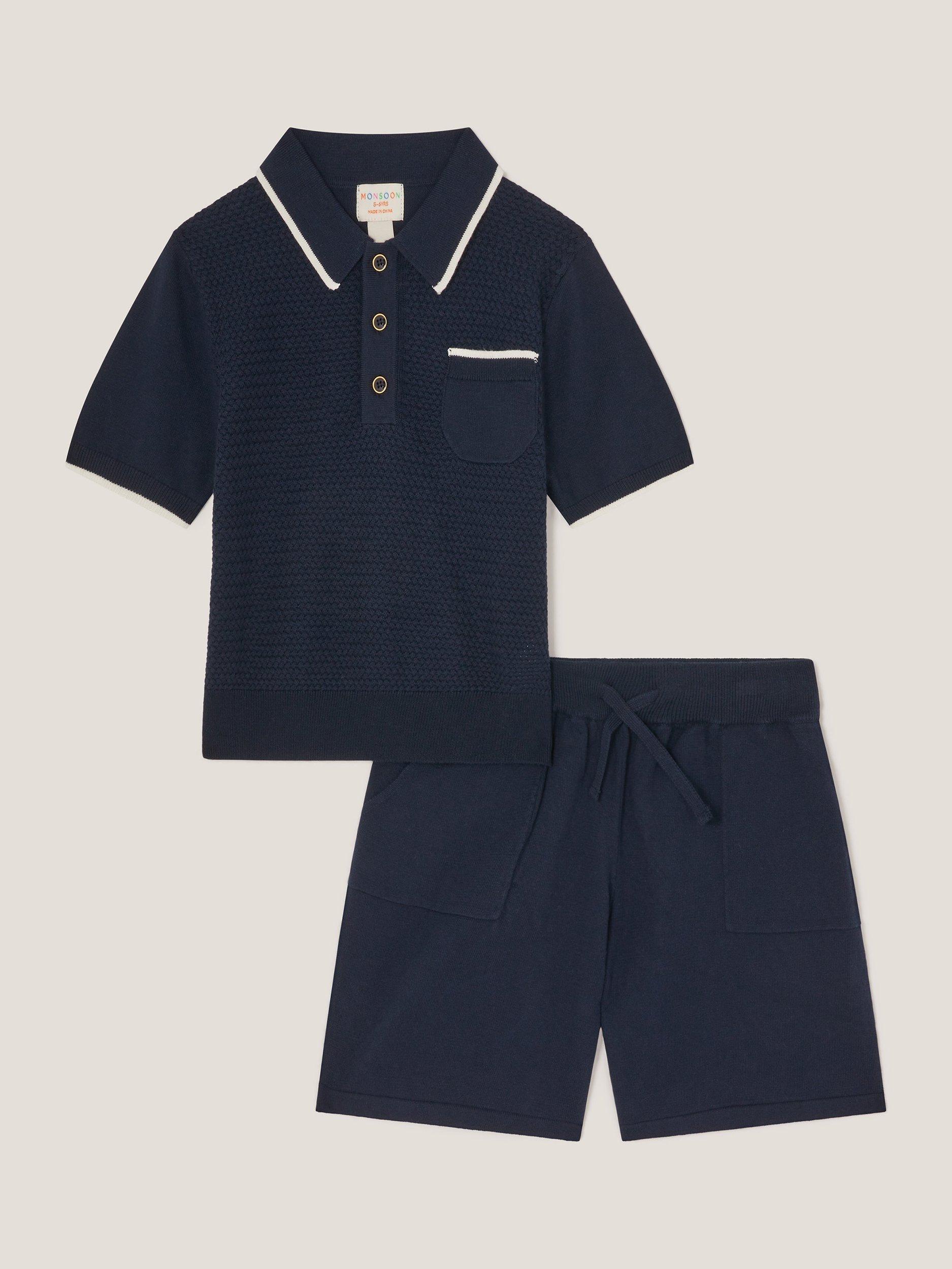 Product image 2 of 4, which shows Monsoon Kids' Knitted Polo Shirt and Shorts Set, Navy, 12-13 years