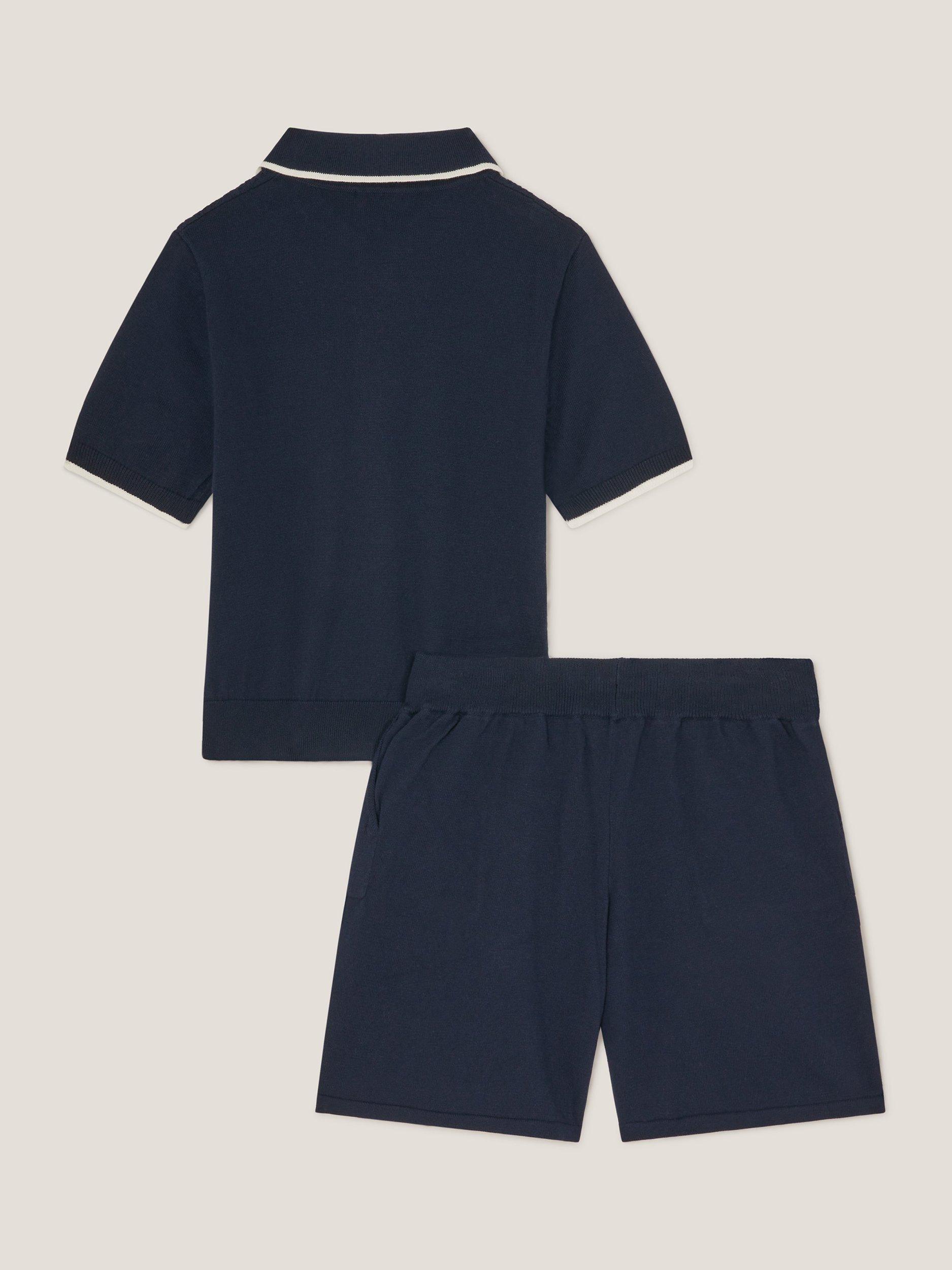Product image 3 of 4, which shows Monsoon Kids' Knitted Polo Shirt and Shorts Set, Navy, 12-13 years