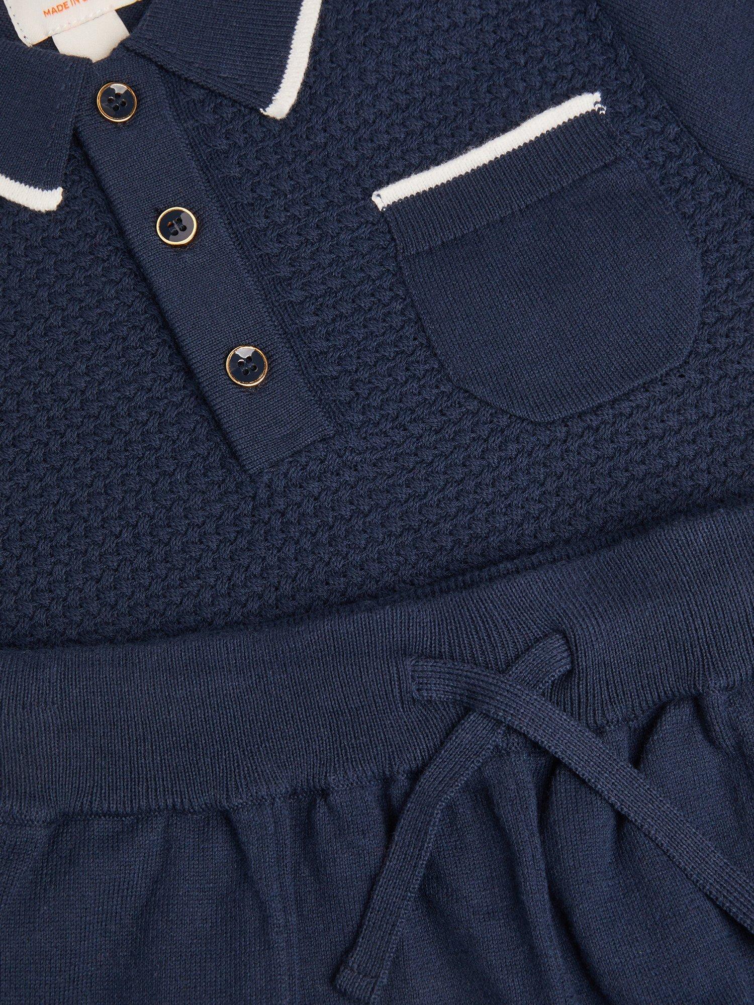 Product image 4 of 4, which shows Monsoon Kids' Knitted Polo Shirt and Shorts Set, Navy, 12-13 years