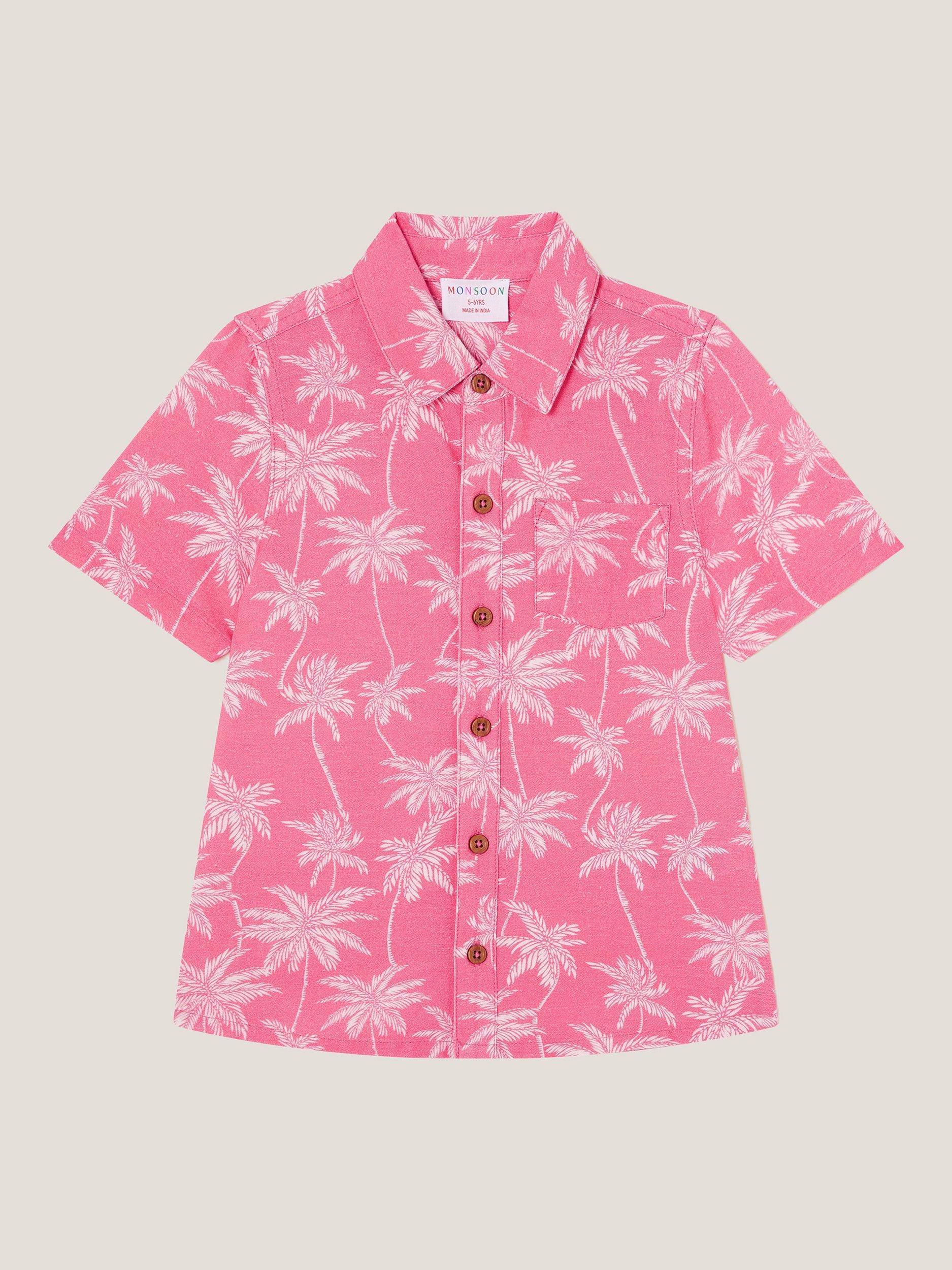 Product image 1 of 3, which shows Monsoon Kids' Cotton Blend Palm Print Shirt, Pink, 2-3 years