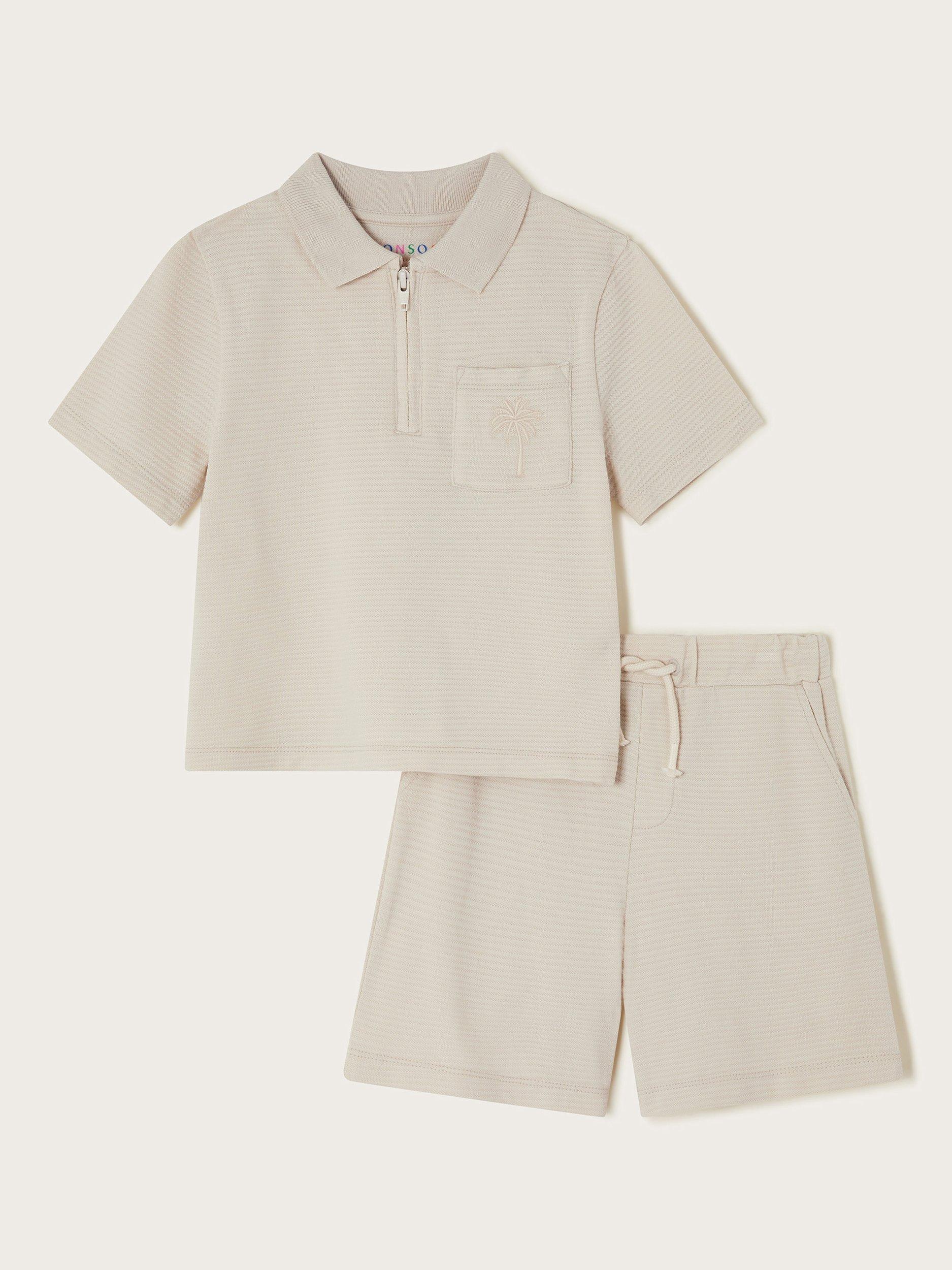 Product image 1 of 3, which shows Monsoon Kids' Polo Shirt and Shorts Set, Stone, 12-13 years