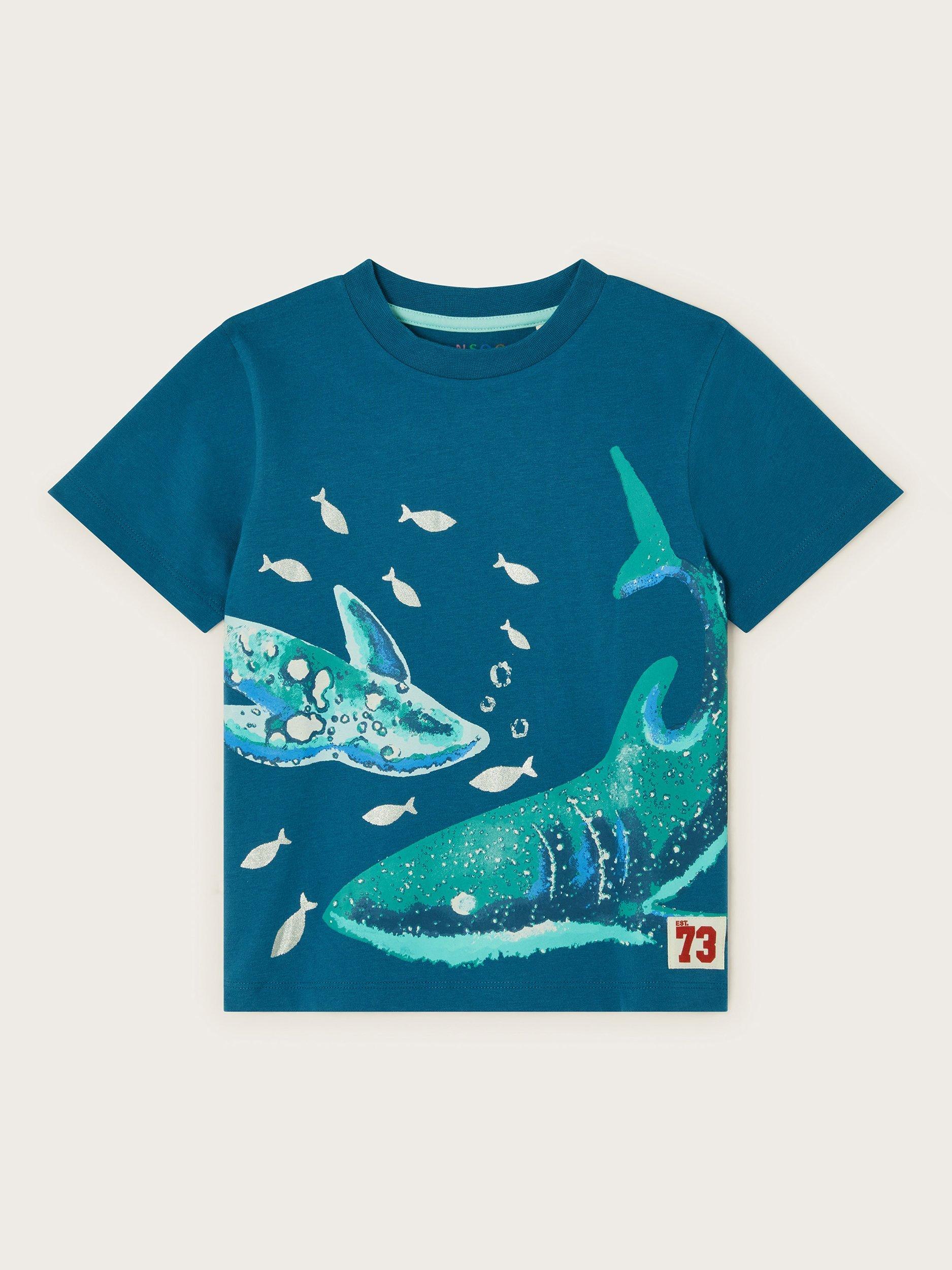 Product image 1 of 3, which shows Monsoon Kids' Cotton Shark Print T-Shirt, Blue, 12-18 months