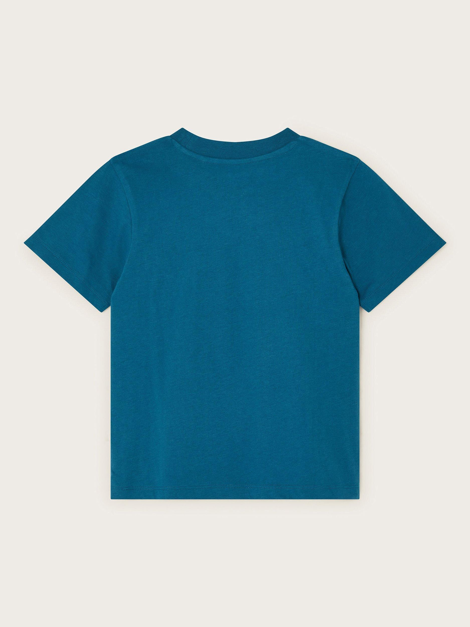 Product image 2 of 3, which shows Monsoon Kids' Cotton Shark Print T-Shirt, Blue, 12-18 months