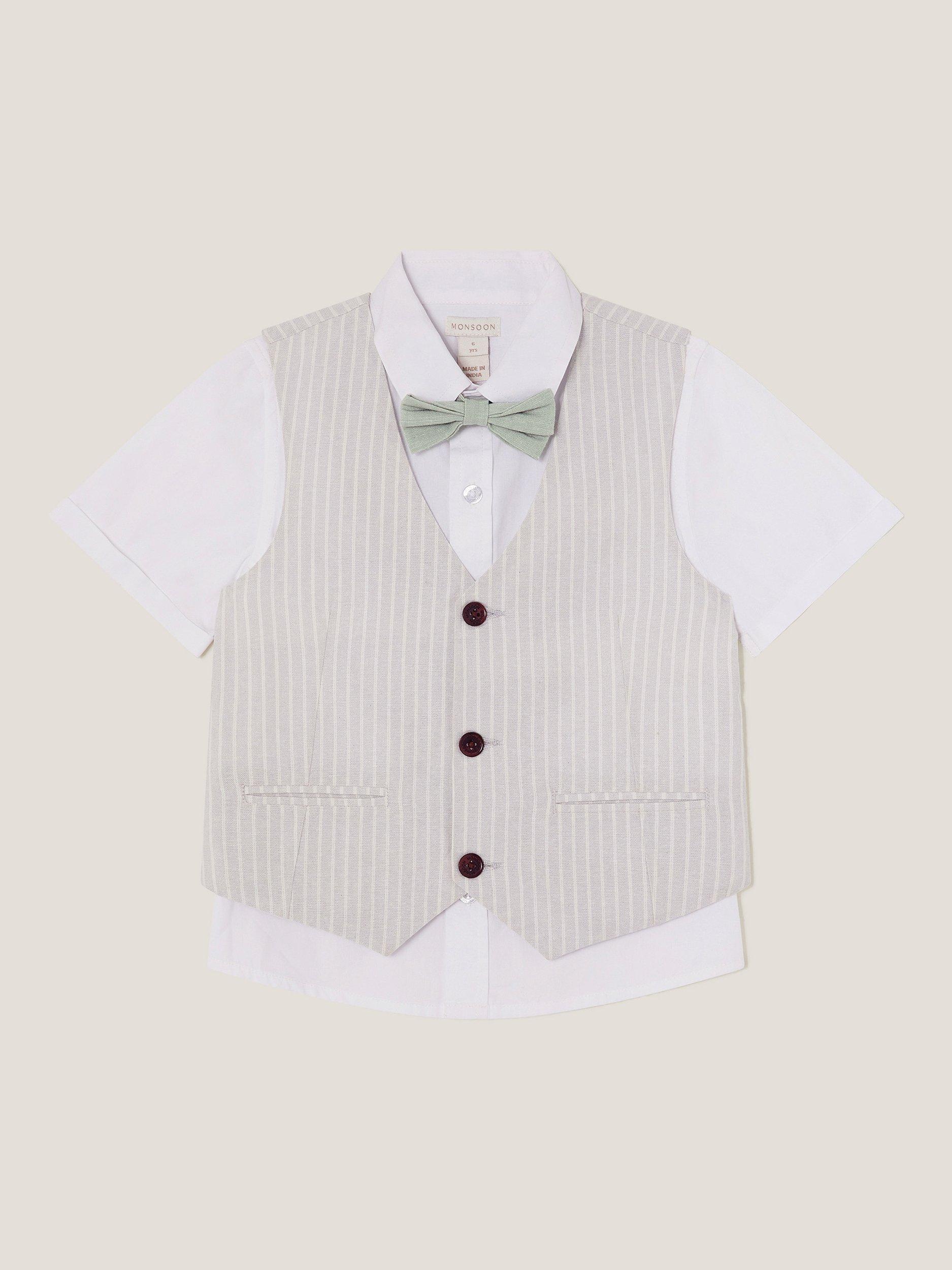 Product image 1 of 3, which shows Monsoon Kids' Cotton Shirt & Waistcoat Set, Grey, 6 years