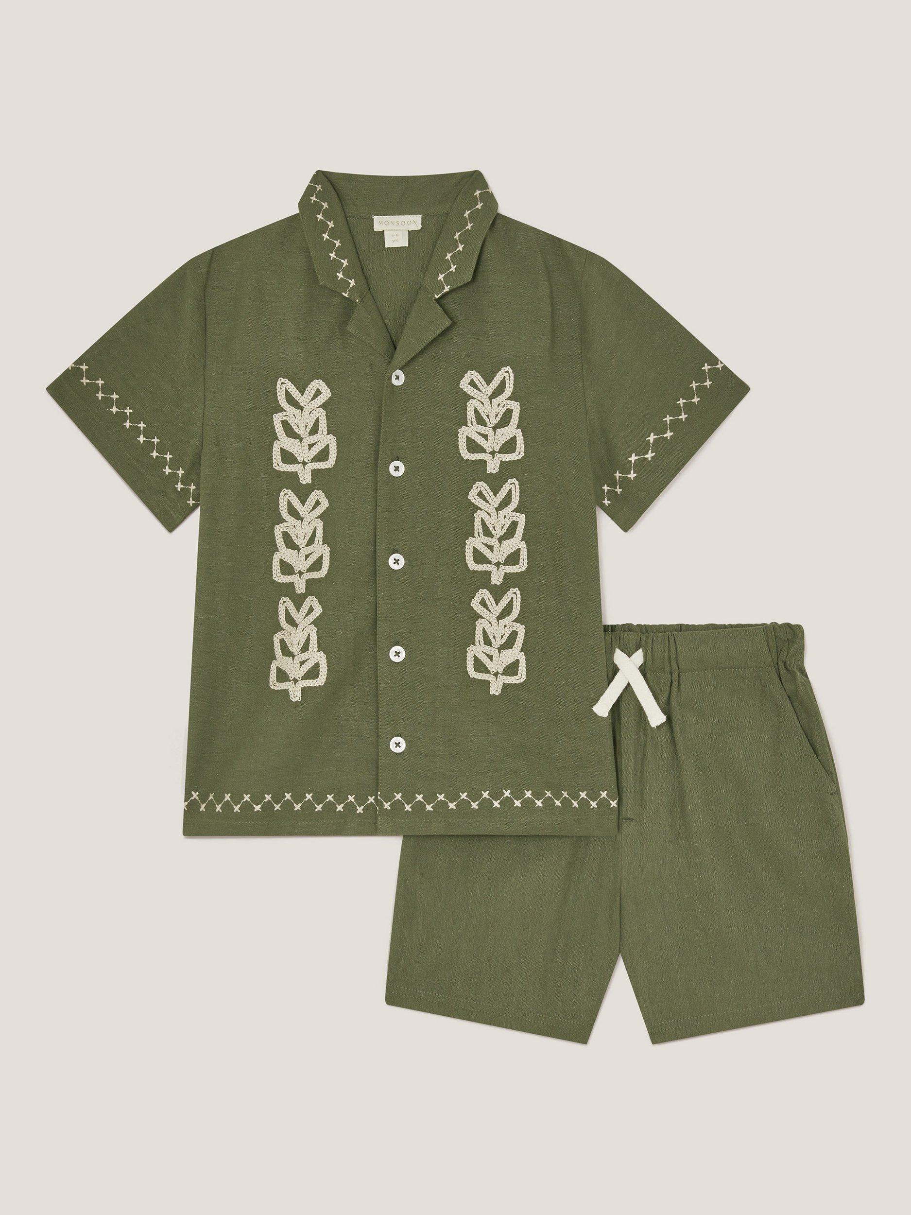 Product image 1 of 3, which shows Monsoon Kids' Shirt and Shorts Set, Khaki, 5 years
