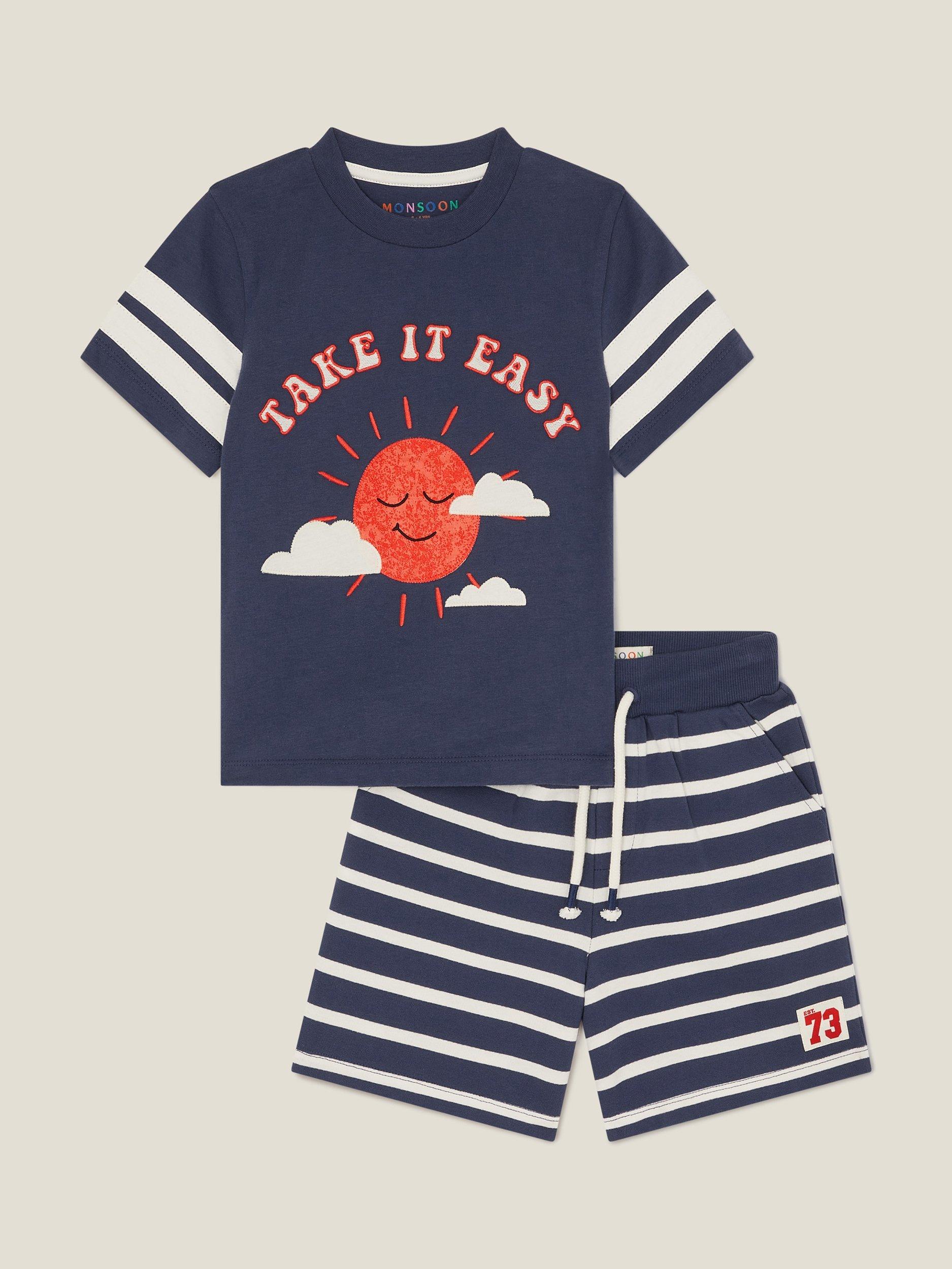 Product image 2 of 4, which shows Monsoon Kids' T-Shirt and Shorts Set, Navy/Multi, 12-18 months