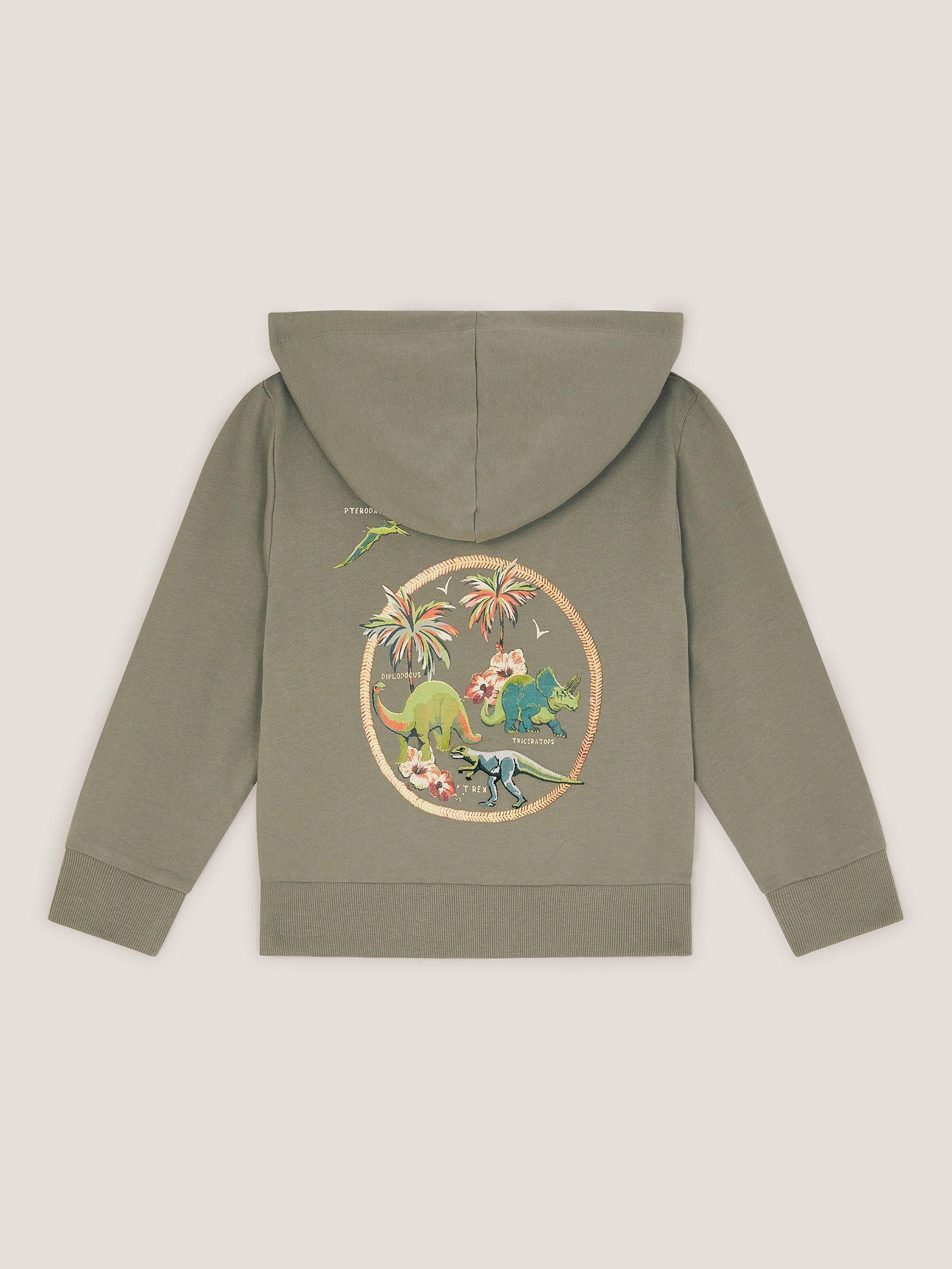 Product image 2 of 3, which shows Monsoon Kids' Cotton Dinosaur Hoodie, Green, 2-3 years
