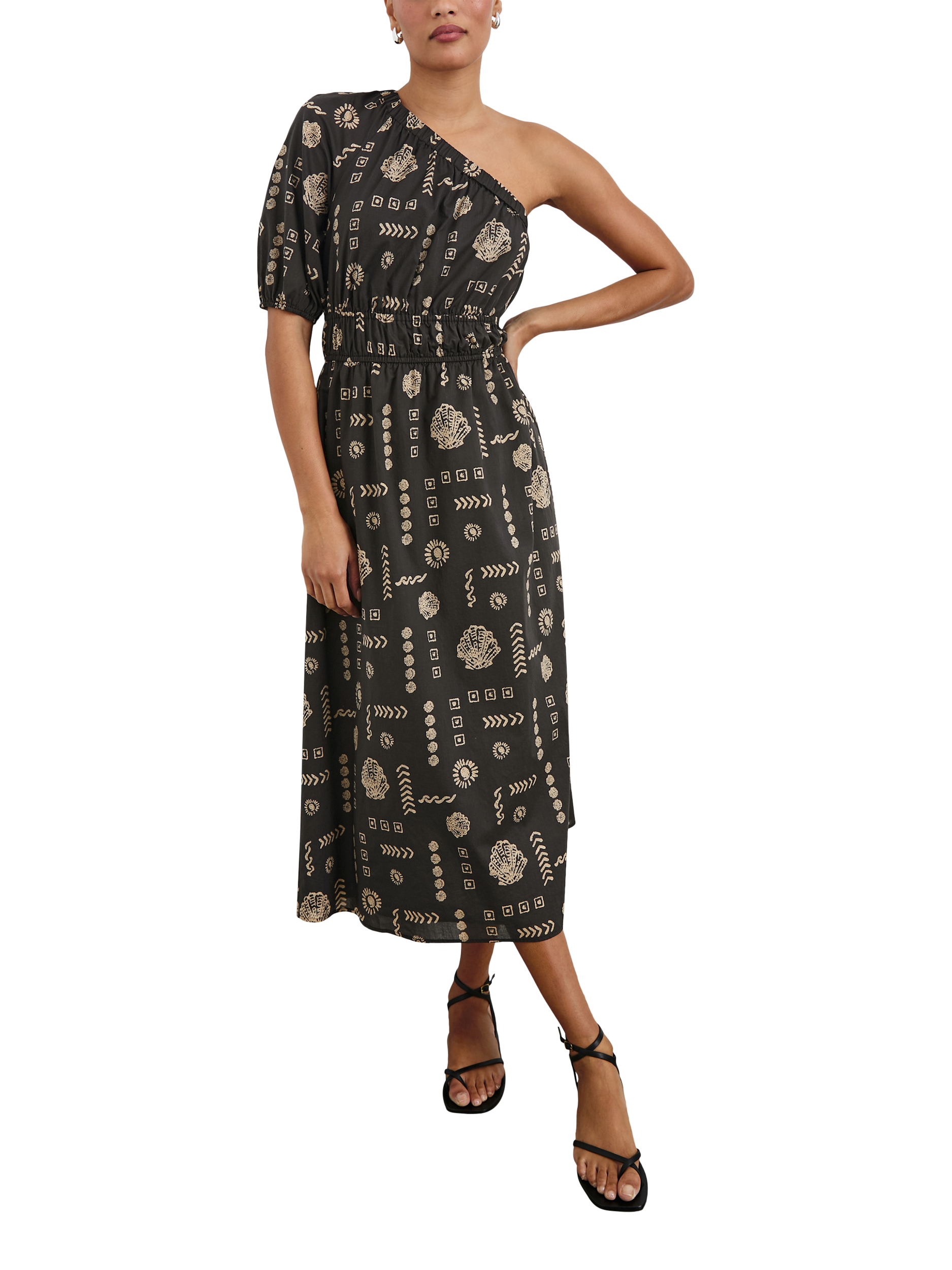 Product image 1 of 7, which shows Rails Rome Beach Shells Asymmetric Dress, Black/Brown, XS