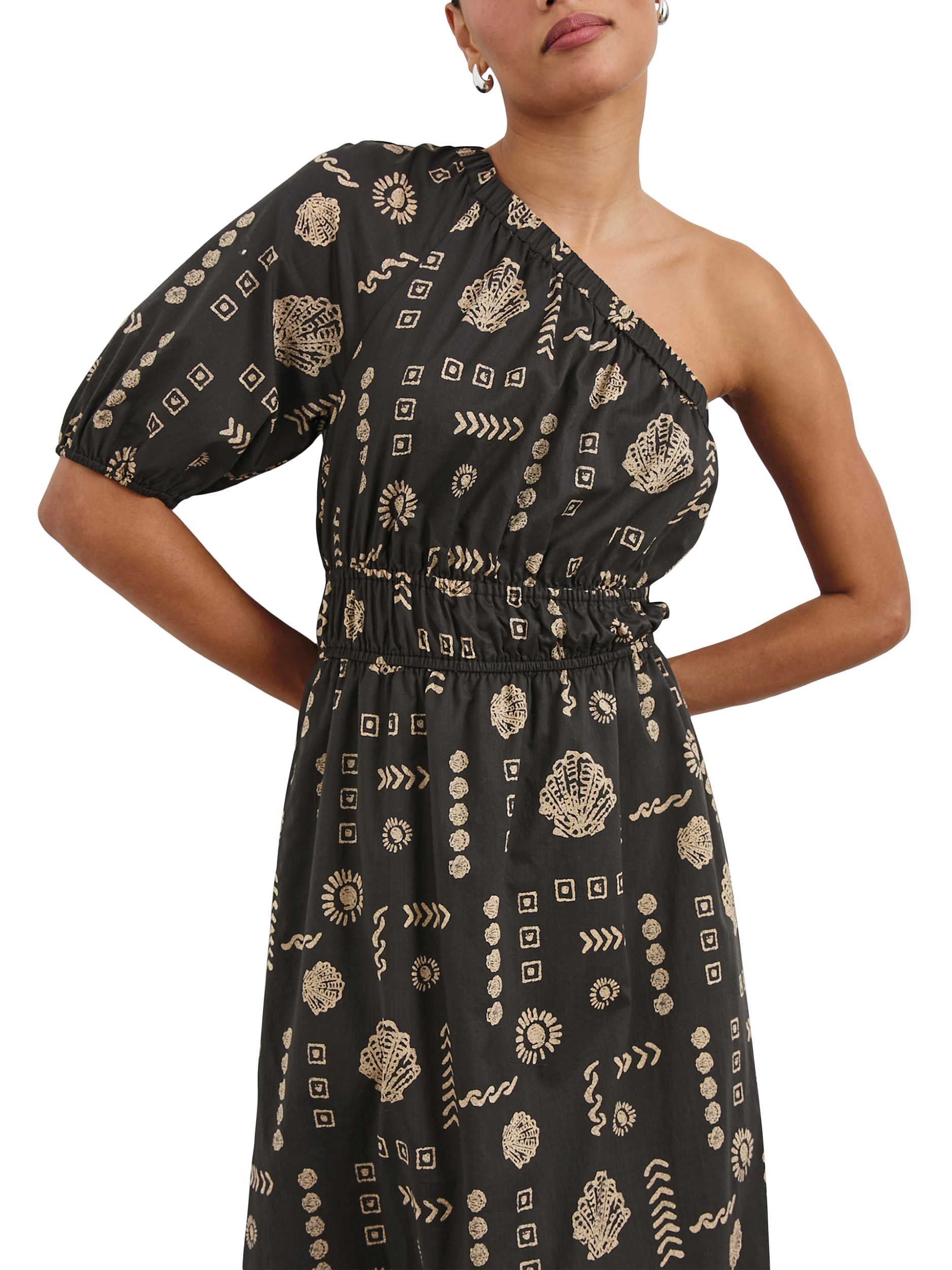 Product image 2 of 7, which shows Rails Rome Beach Shells Asymmetric Dress, Black/Brown, XS