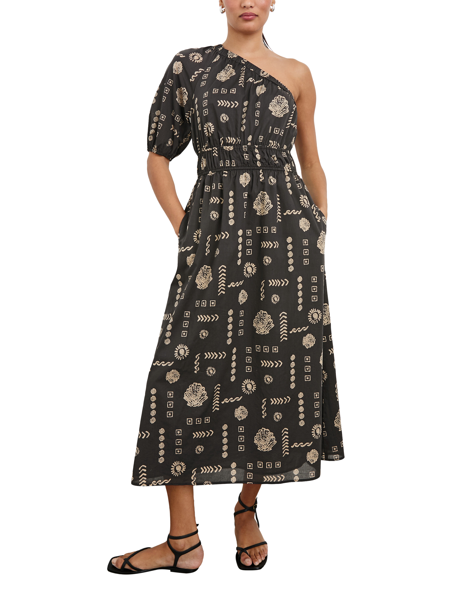 Product image 3 of 7, which shows Rails Rome Beach Shells Asymmetric Dress, Black/Brown, XS