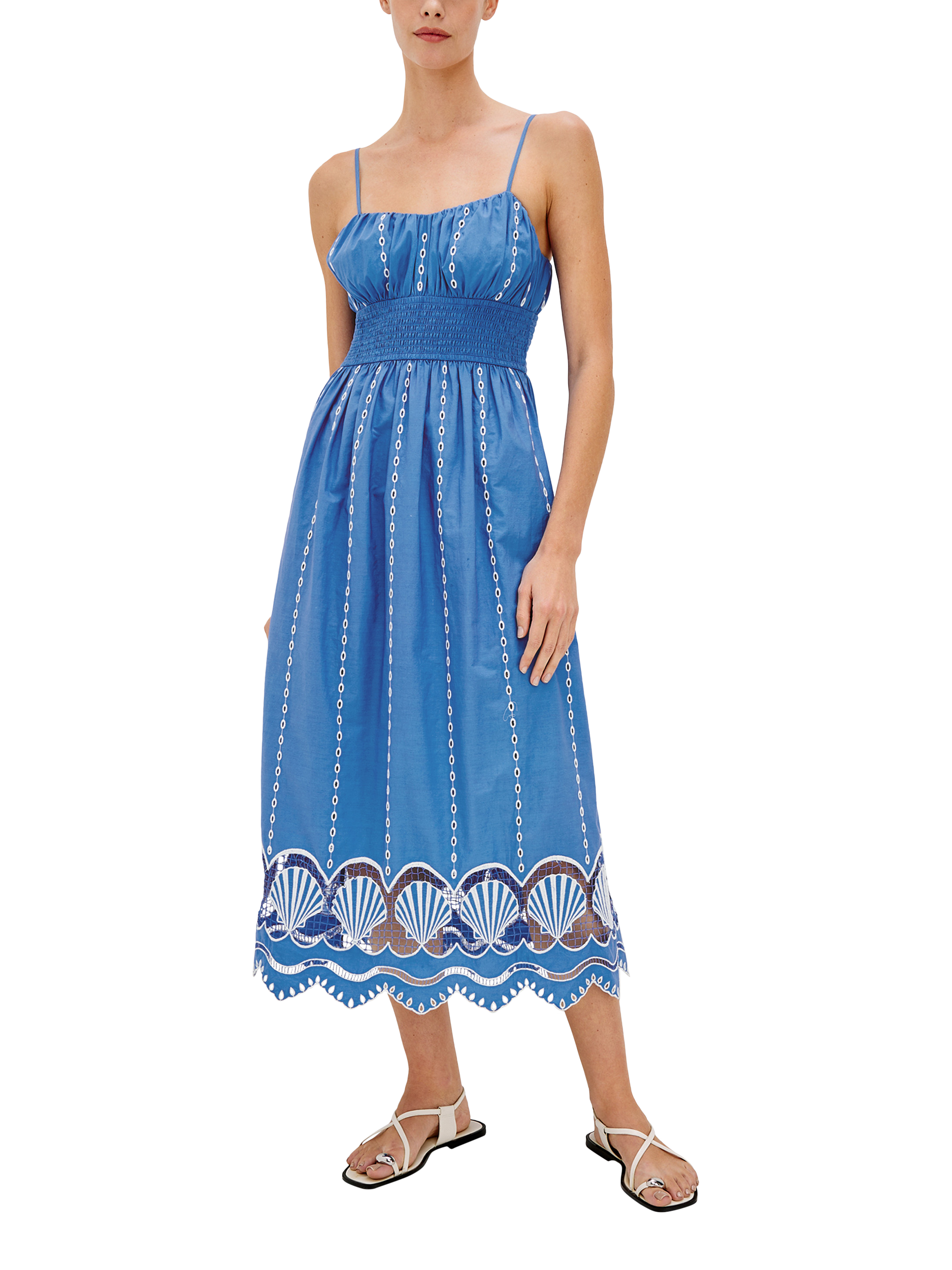 Product image 1 of 6, which shows Rails Murano Embroidered Shell Hem Dress, Blue/White, XS