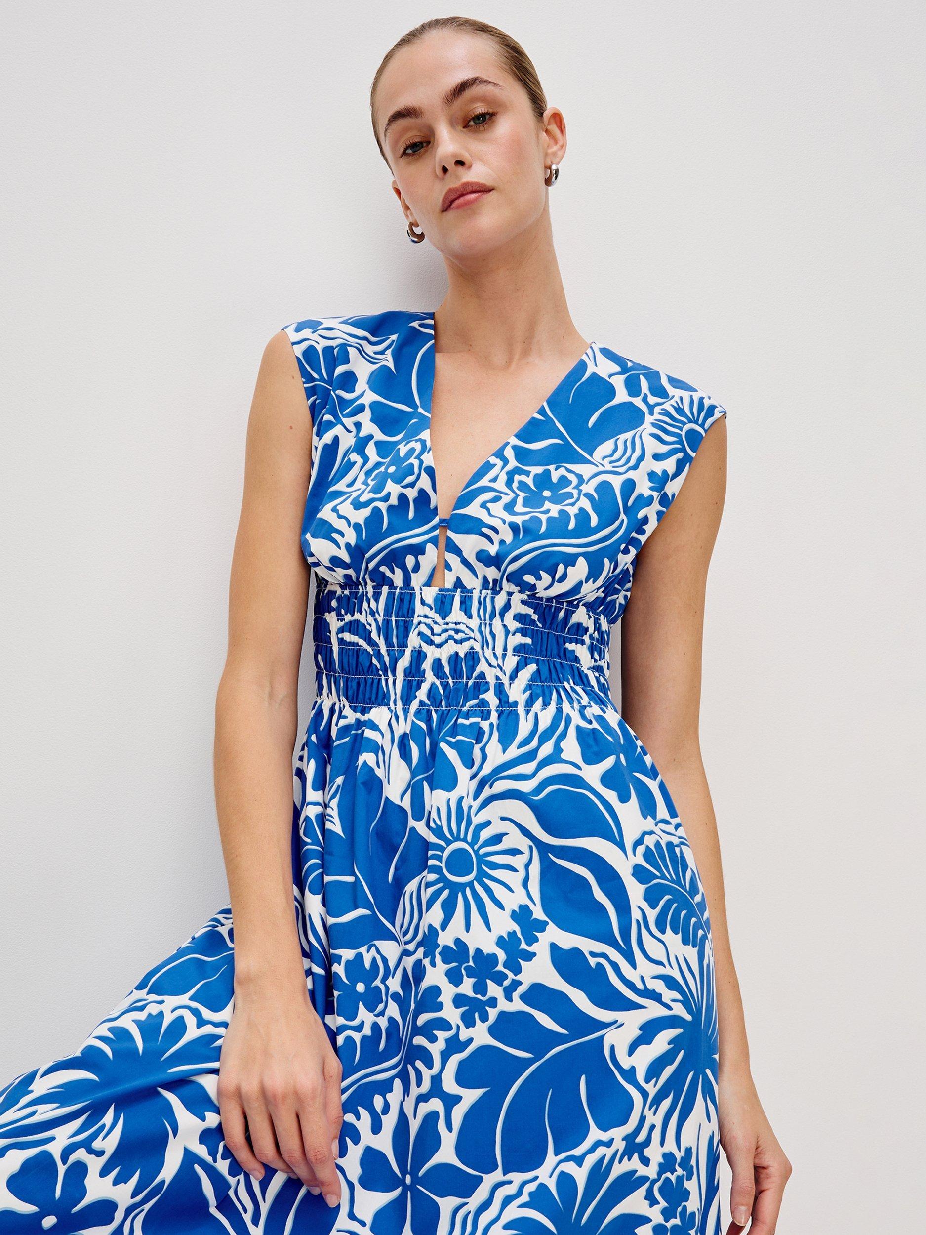 Product image 7 of 7, which shows Rails Roxanne Floral Midi Dress, Blue/White, XS