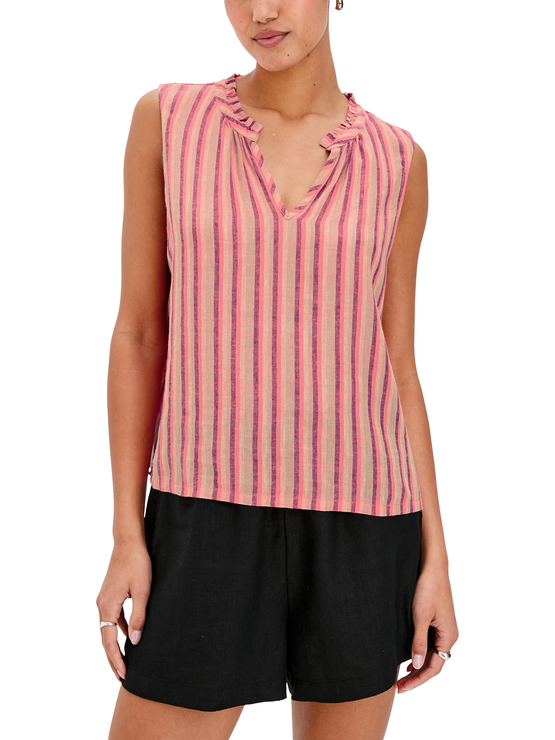 Product image 1 of 6, which shows Rails Christy Linen Blend Cabana Stripe Sleeveless Blouse, Pink/Purple, XS