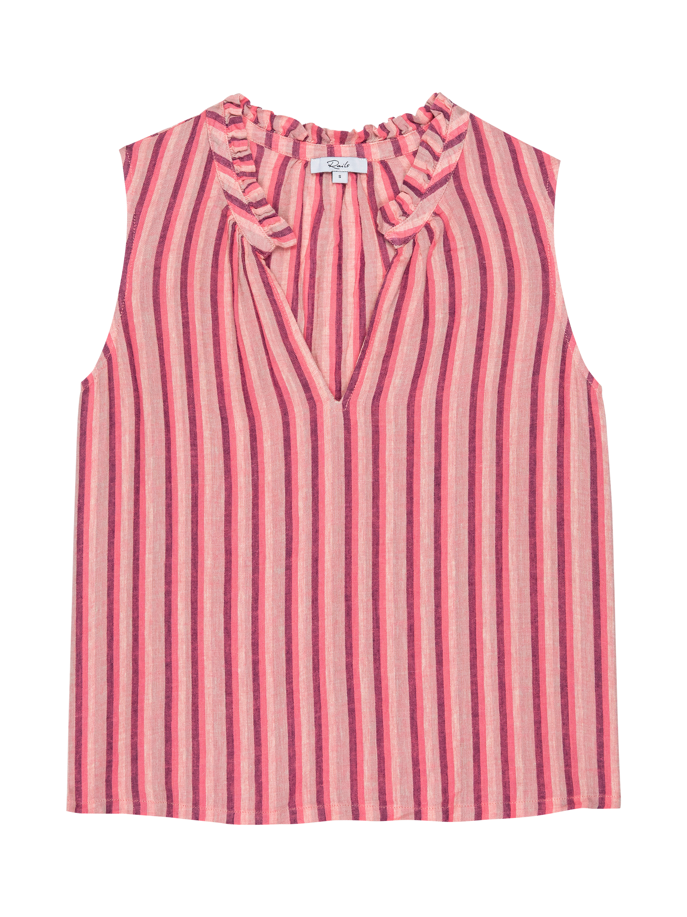 Product image 4 of 6, which shows Rails Christy Linen Blend Cabana Stripe Sleeveless Blouse, Pink/Purple, XS