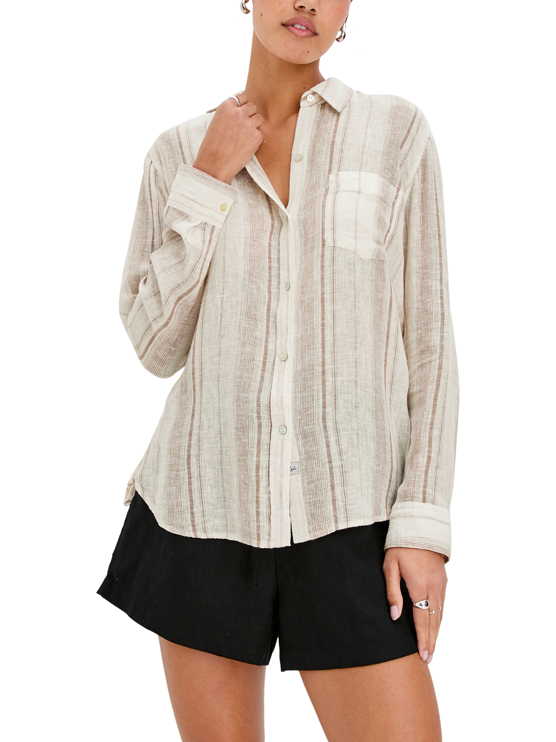 Product image 1 of 7, which shows Rails Charli Linen Blend Reims Stripe Shirt, Ecru/Brown, L