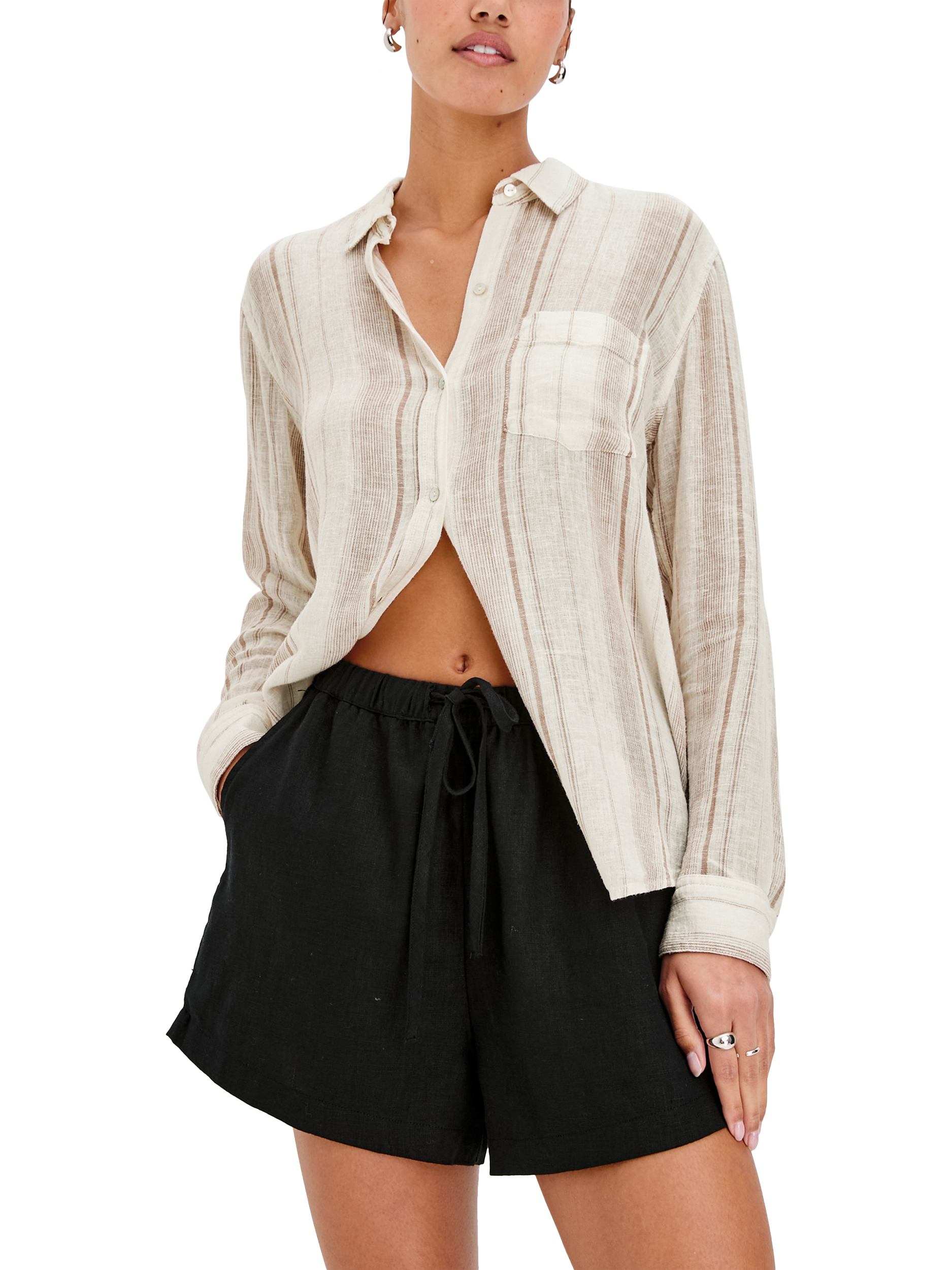 Product image 2 of 7, which shows Rails Charli Linen Blend Reims Stripe Shirt, Ecru/Brown, L