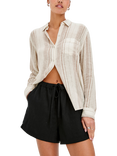 Rails Charli Linen Blend Reims Stripe Shirt, Ecru/Brown