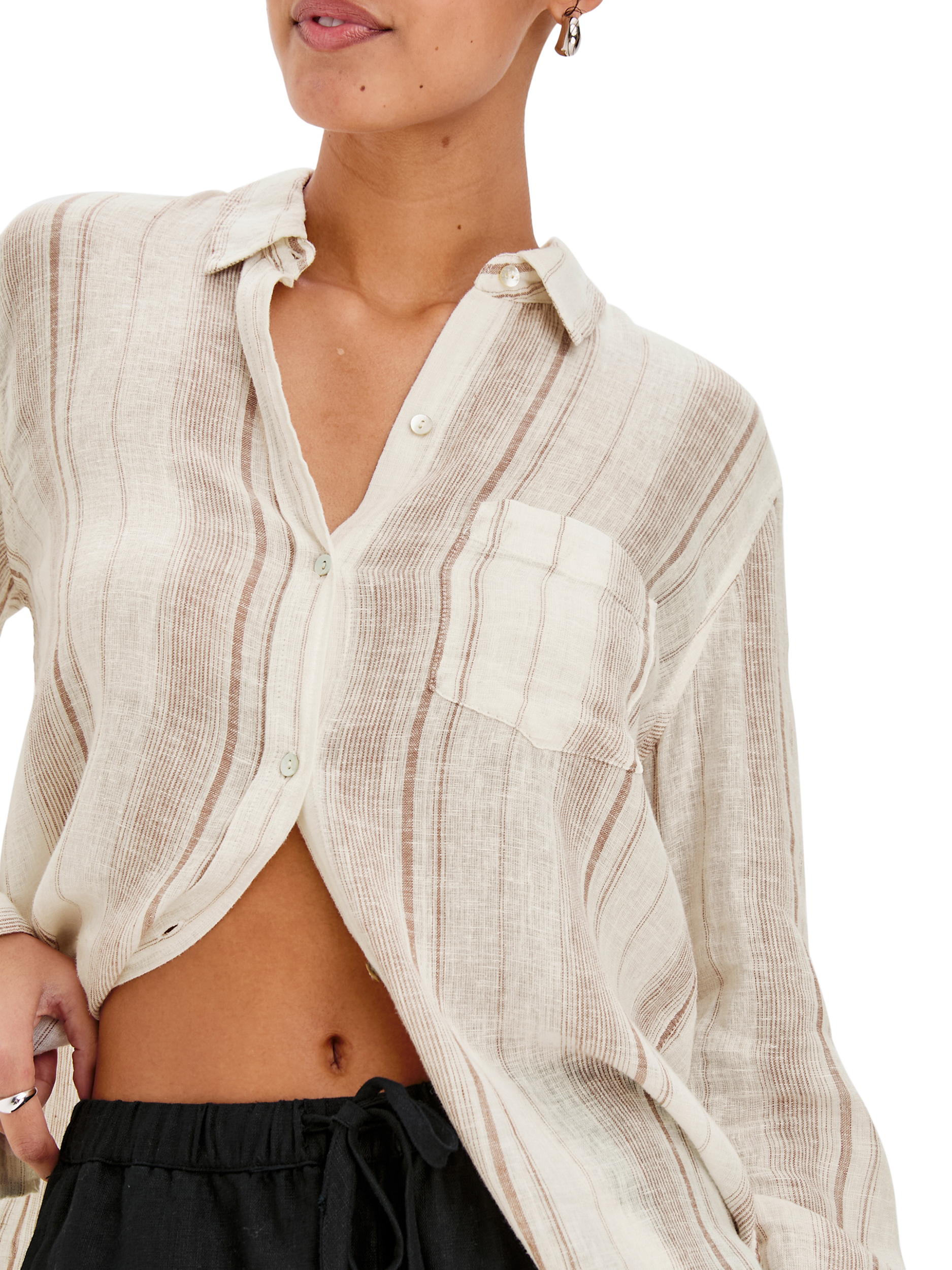 Product image 3 of 7, which shows Rails Charli Linen Blend Reims Stripe Shirt, Ecru/Brown, L