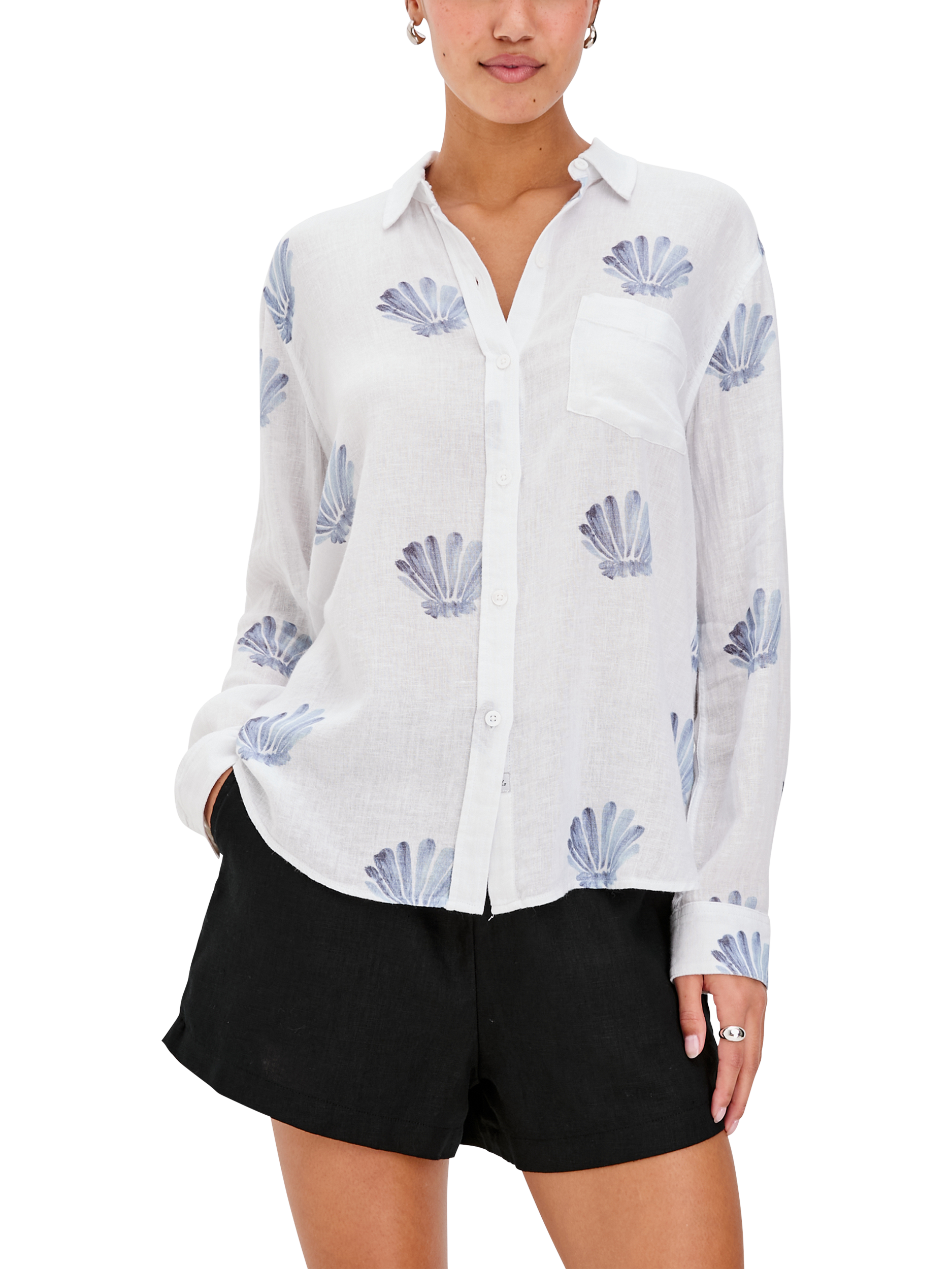 Product image 1 of 6, which shows Rails Charli Linen Blend Seashells Shirt, White/Blue, XS