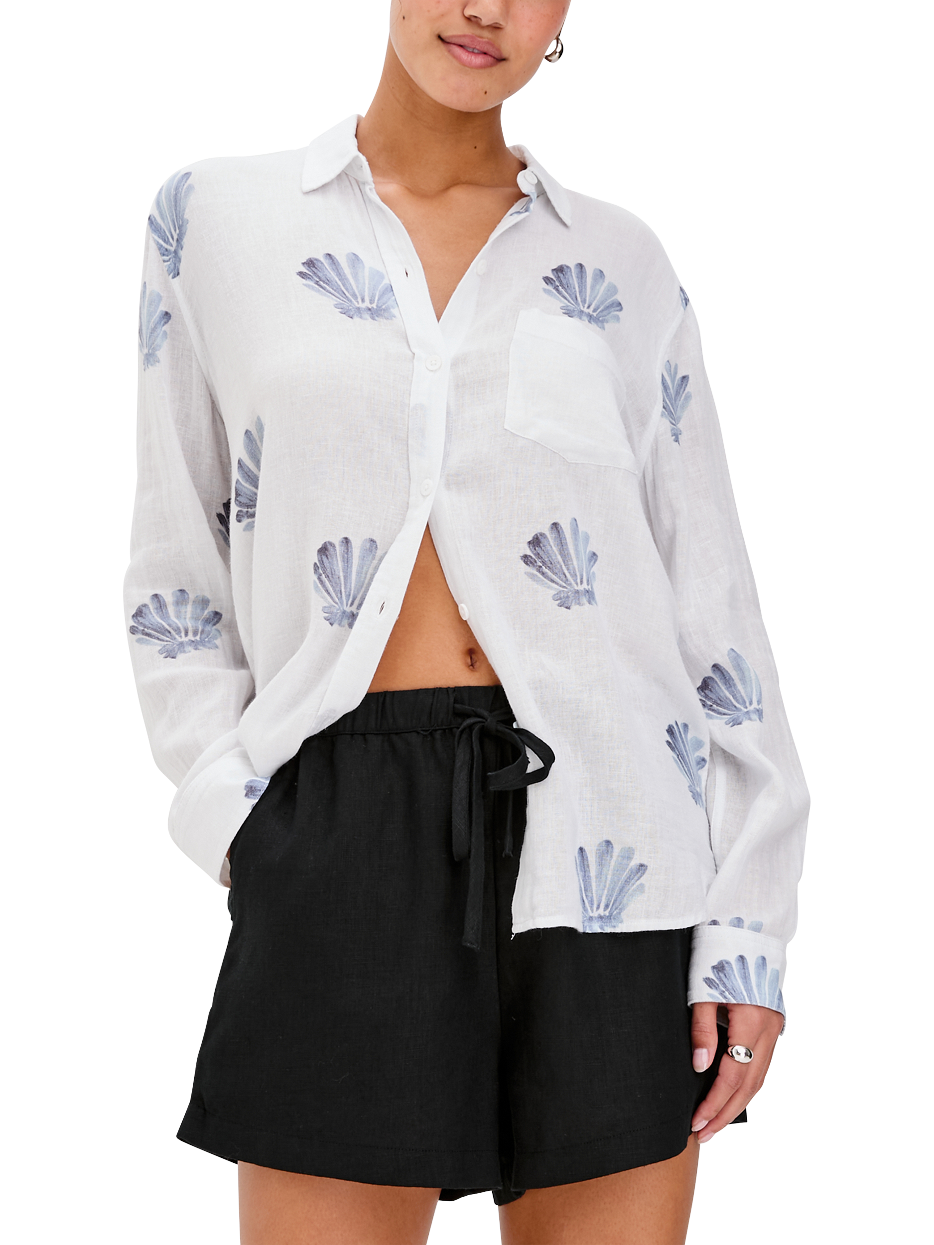 Product image 2 of 6, which shows Rails Charli Linen Blend Seashells Shirt, White/Blue, XS