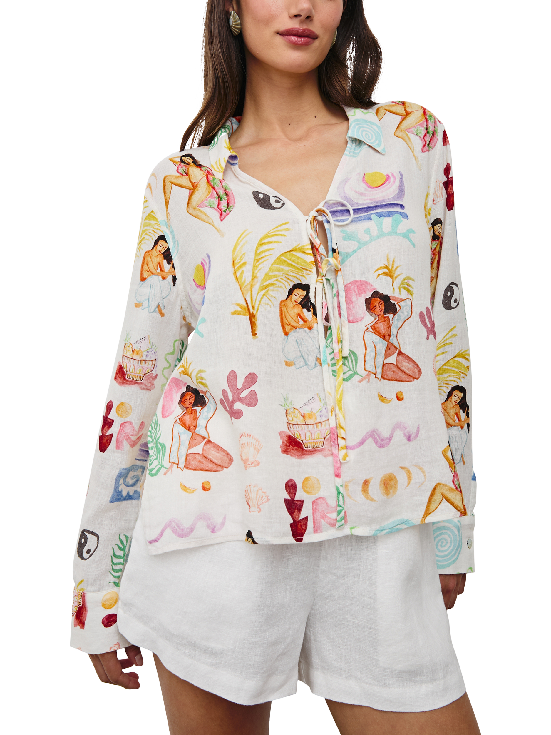 Product image 1 of 8, which shows Rails Elm Lined Blend Bathing Ladies Print Shirt, White/Multi, XS