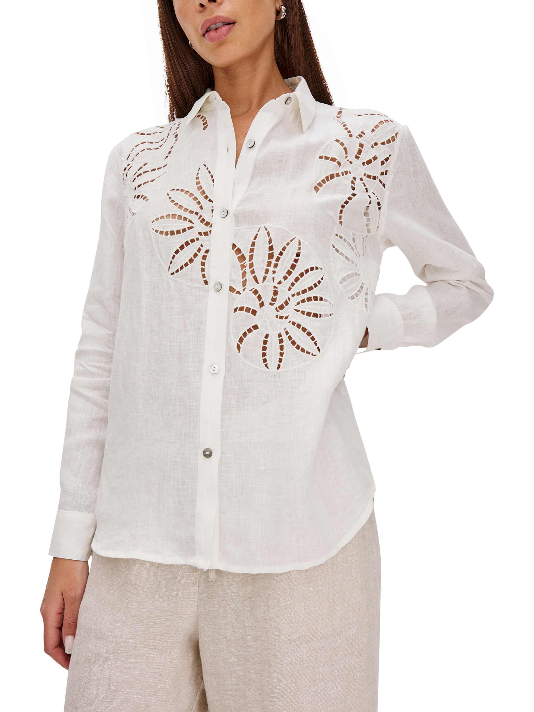 Product image 1 of 7, which shows Rails Samar Floral Eyelet Linen Blend Shirt, White, XS