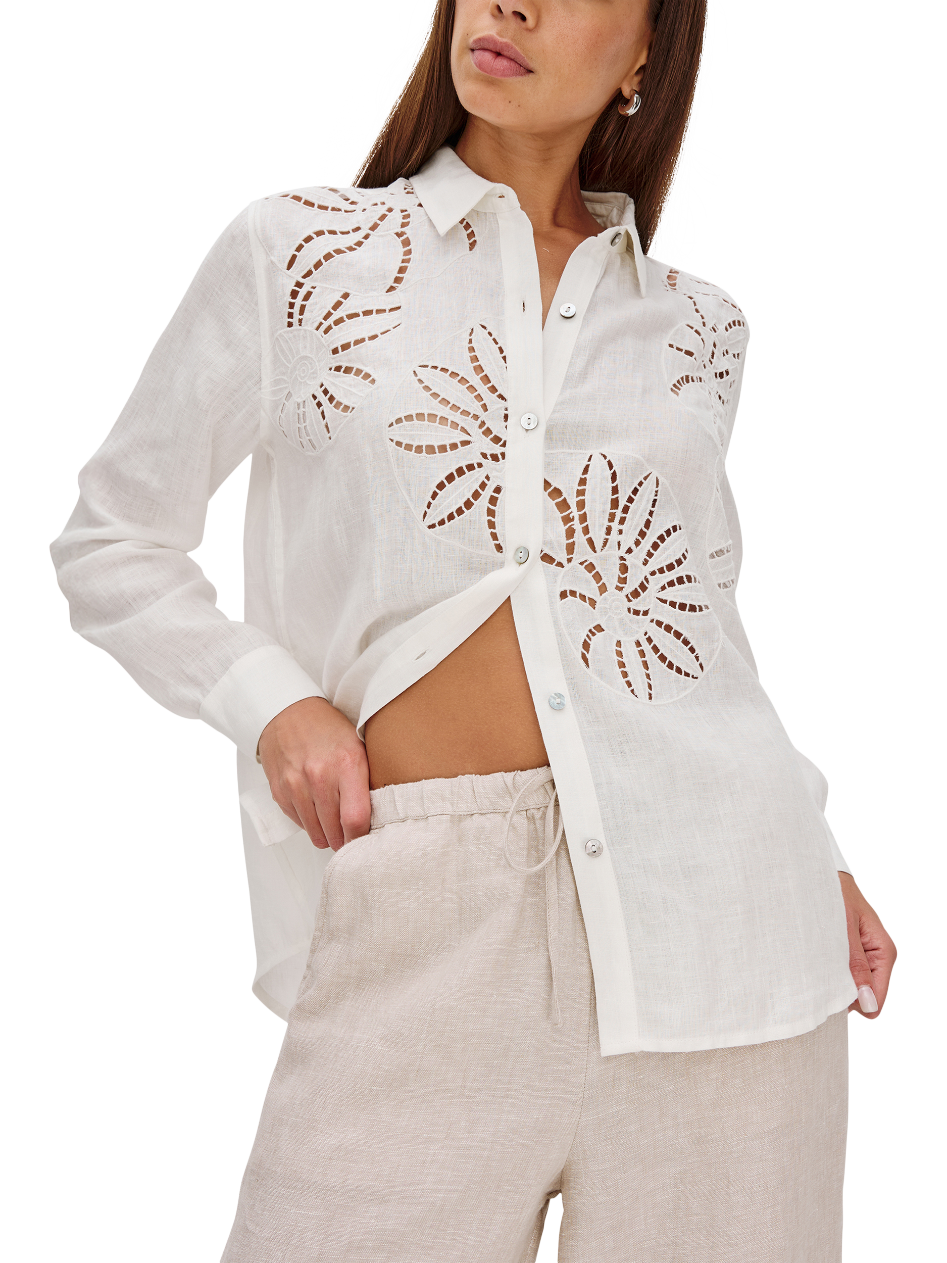Product image 2 of 7, which shows Rails Samar Floral Eyelet Linen Blend Shirt, White, XS