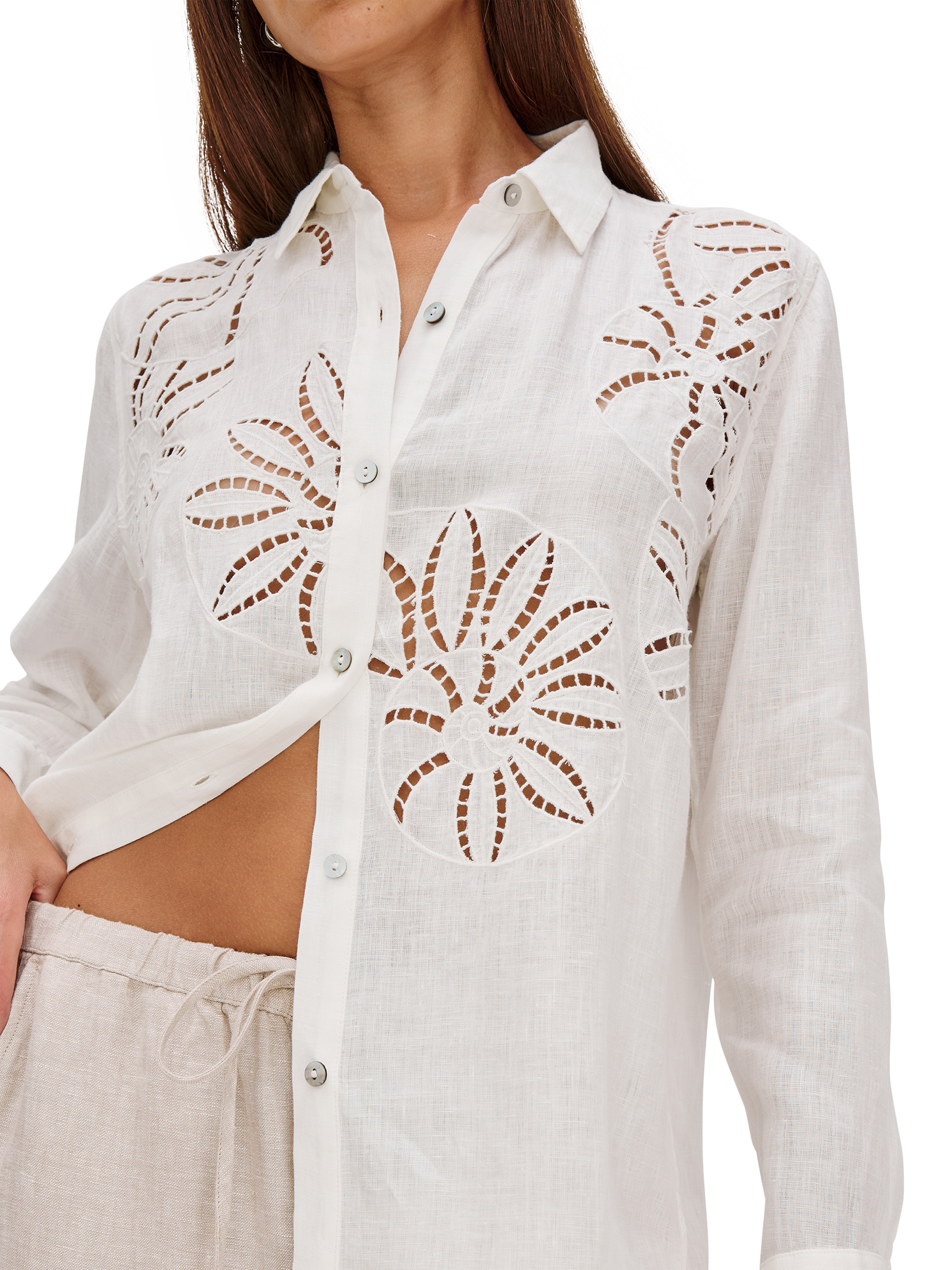 Product image 6 of 7, which shows Rails Samar Floral Eyelet Linen Blend Shirt, White, XS