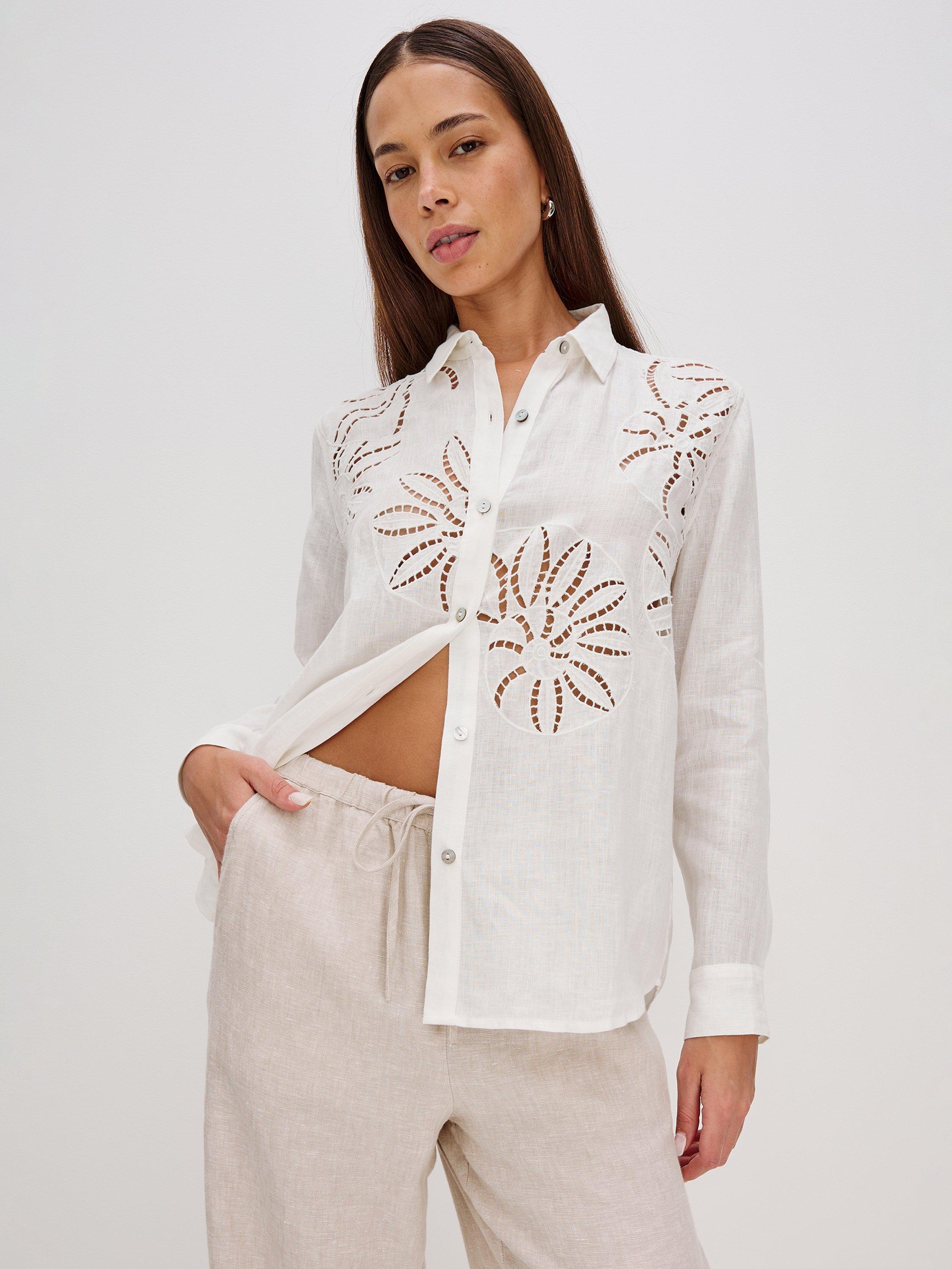 Product image 7 of 7, which shows Rails Samar Floral Eyelet Linen Blend Shirt, White, XS