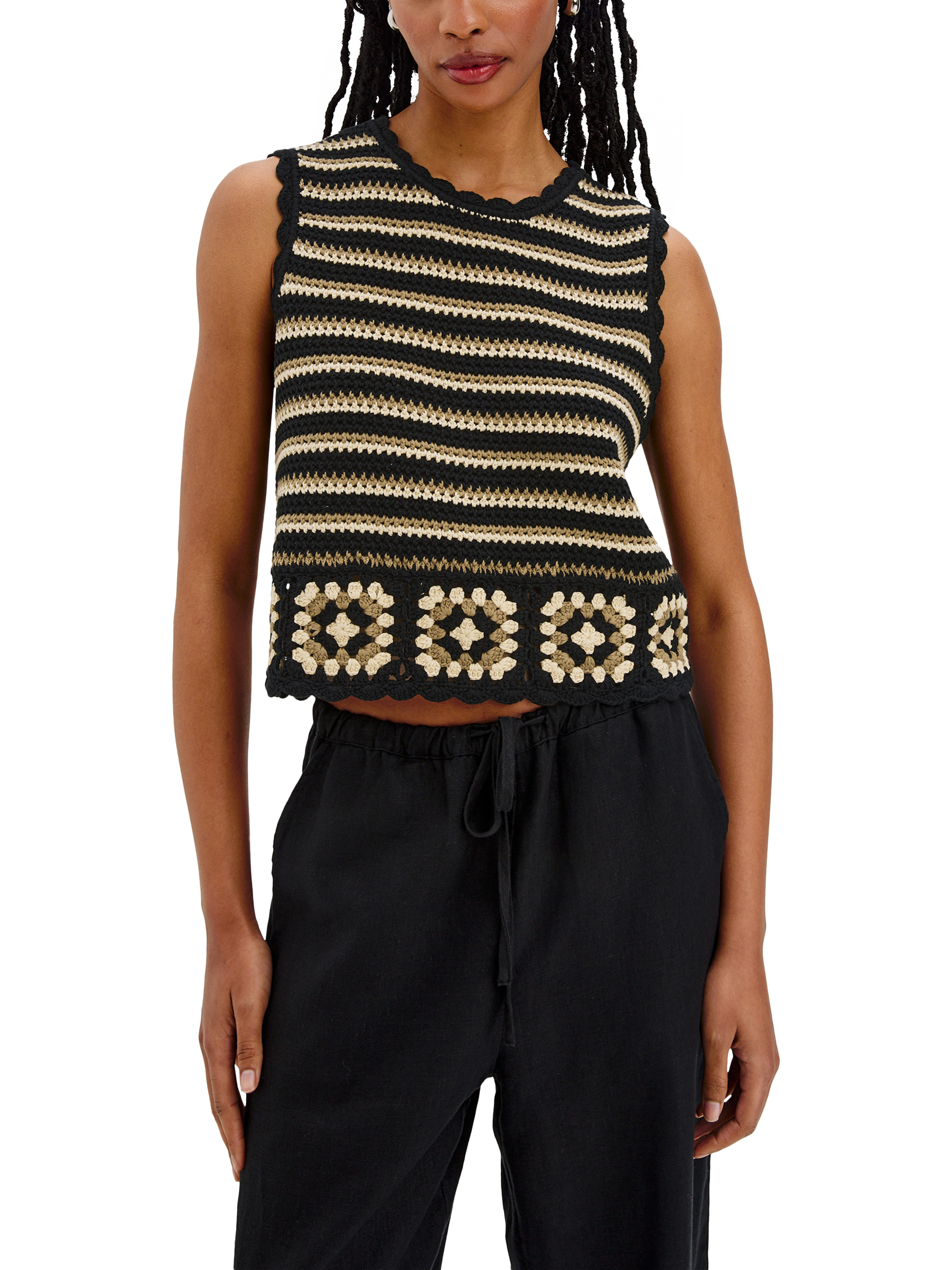 Product image 1 of 6, which shows Rails Hazel Milos Crochet Top, Black/Brown, XS