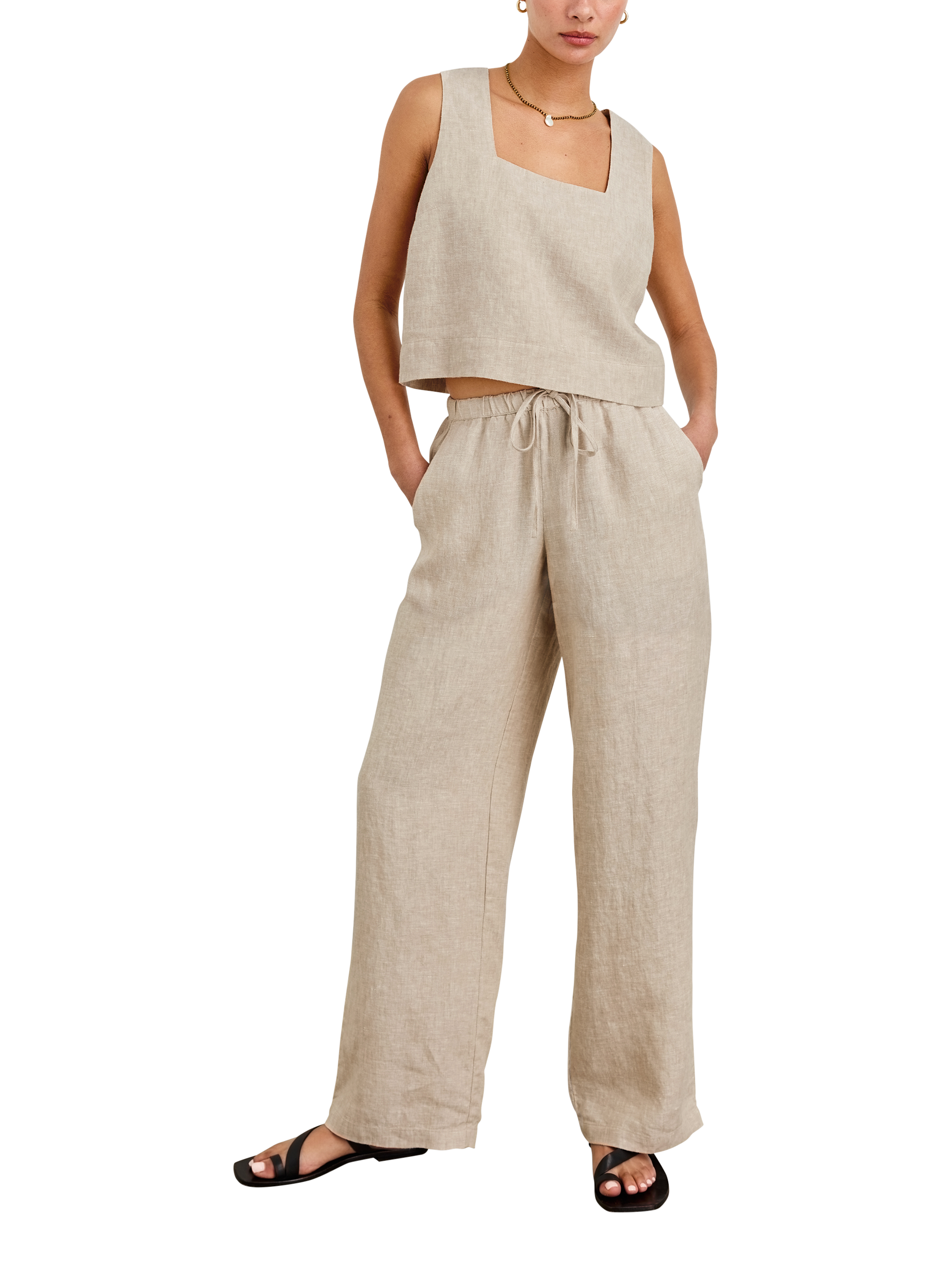 Product image 3 of 7, which shows Rails Emmie Linen High Waist Wide Leg Trousers, Beige, XS