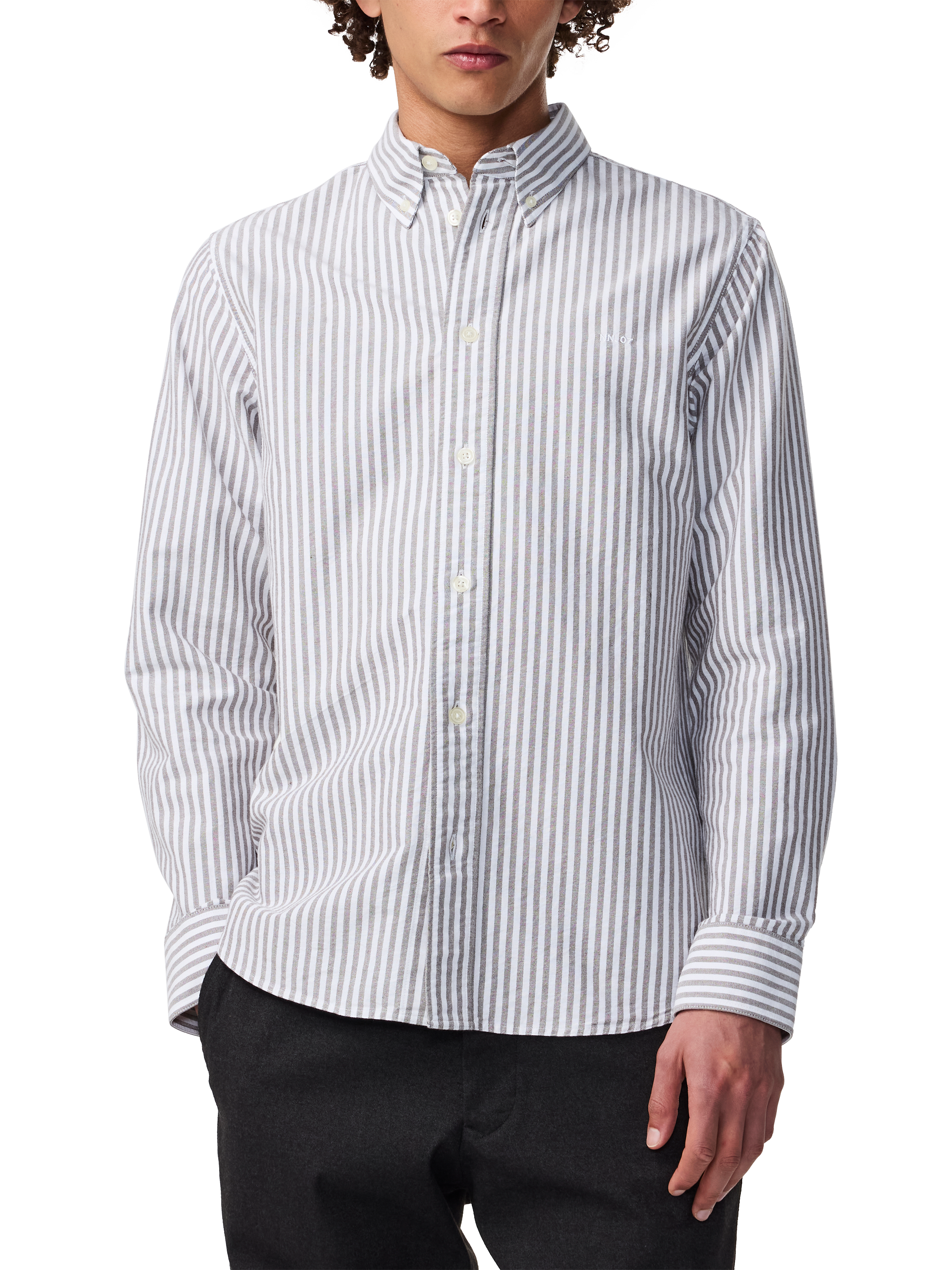 Product image 1 of 2, which shows NN.07 Button Down Stripe Cotton Shirt, Brown Stripe, M