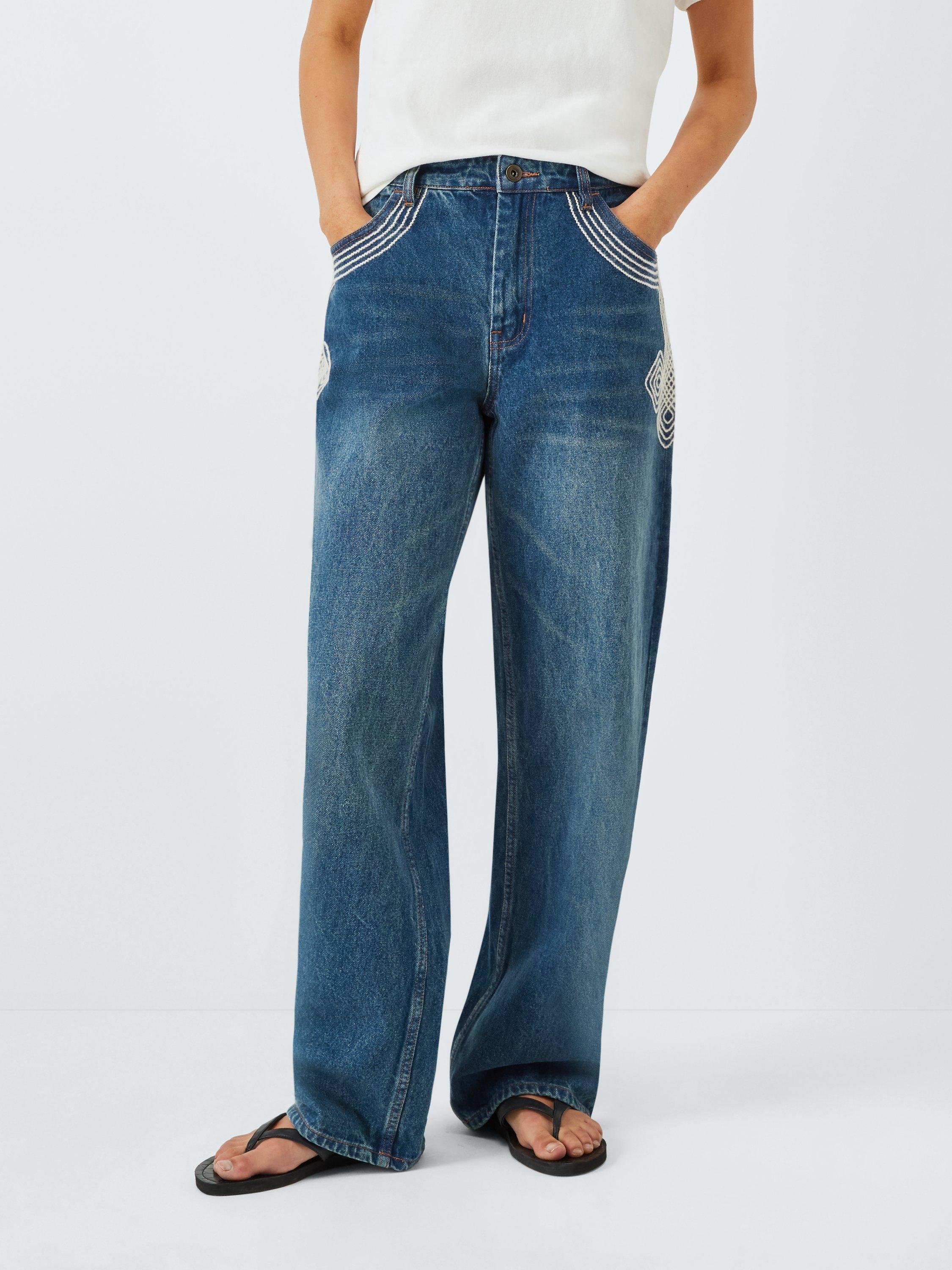 Product image 1 of 6, which shows Deus ex Machina Bonham Straight Leg Embroidered Jeans, Dark Blue, XS