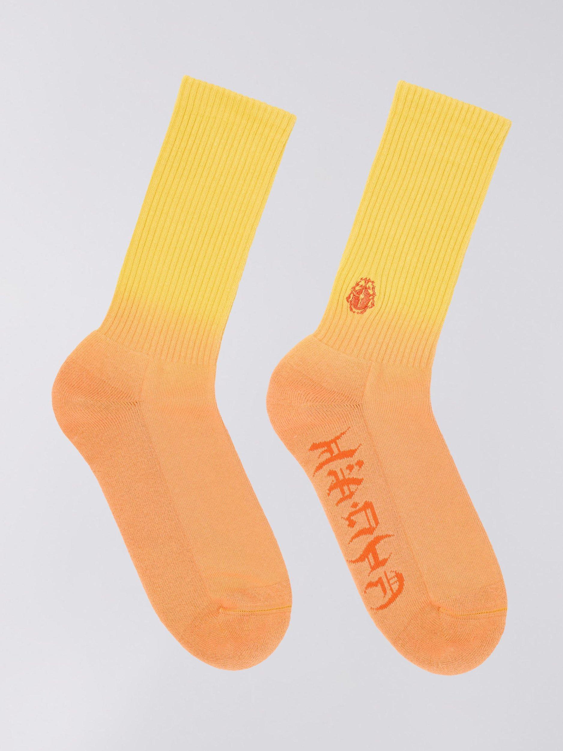 Product image 1 of 1, which shows Edwin Dip Dye Cotton Blend Crew Socks, Orange/Yellow