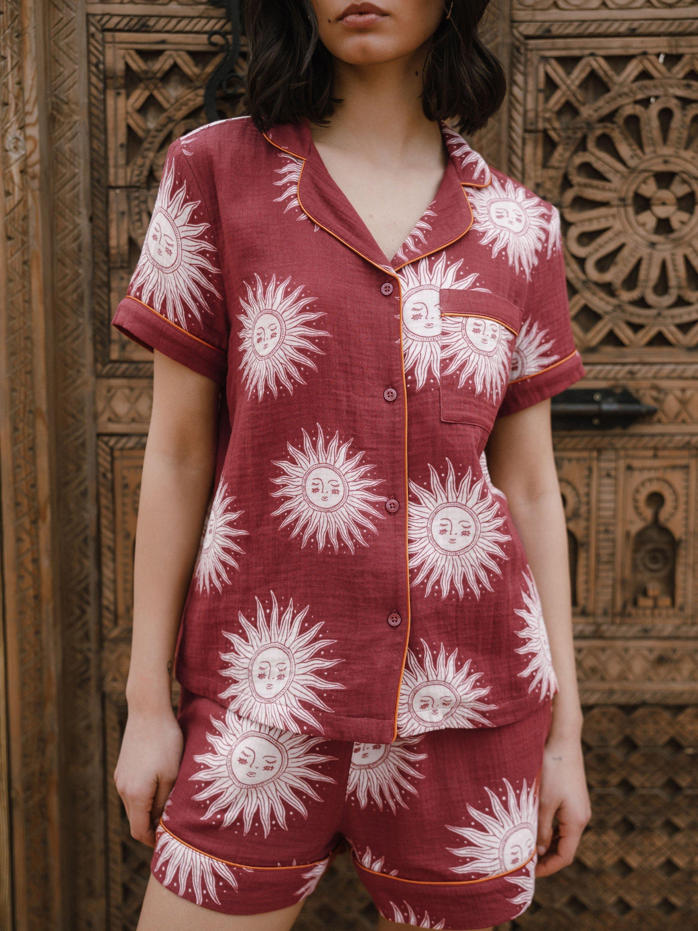 Product image 3 of 5, which shows Chelsea Peers Bohemian Sun Cheesecloth Cotton Shorty Pyjama Set, Red, 6