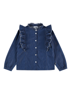 Molo Kids' Raphaella Denim Mandarin Ruffle Shirt, Washed Blue, Washed Blue