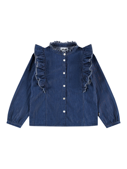 Molo Kids' Raphaella Denim Mandarin Ruffle Shirt, Washed Blue, Washed Blue